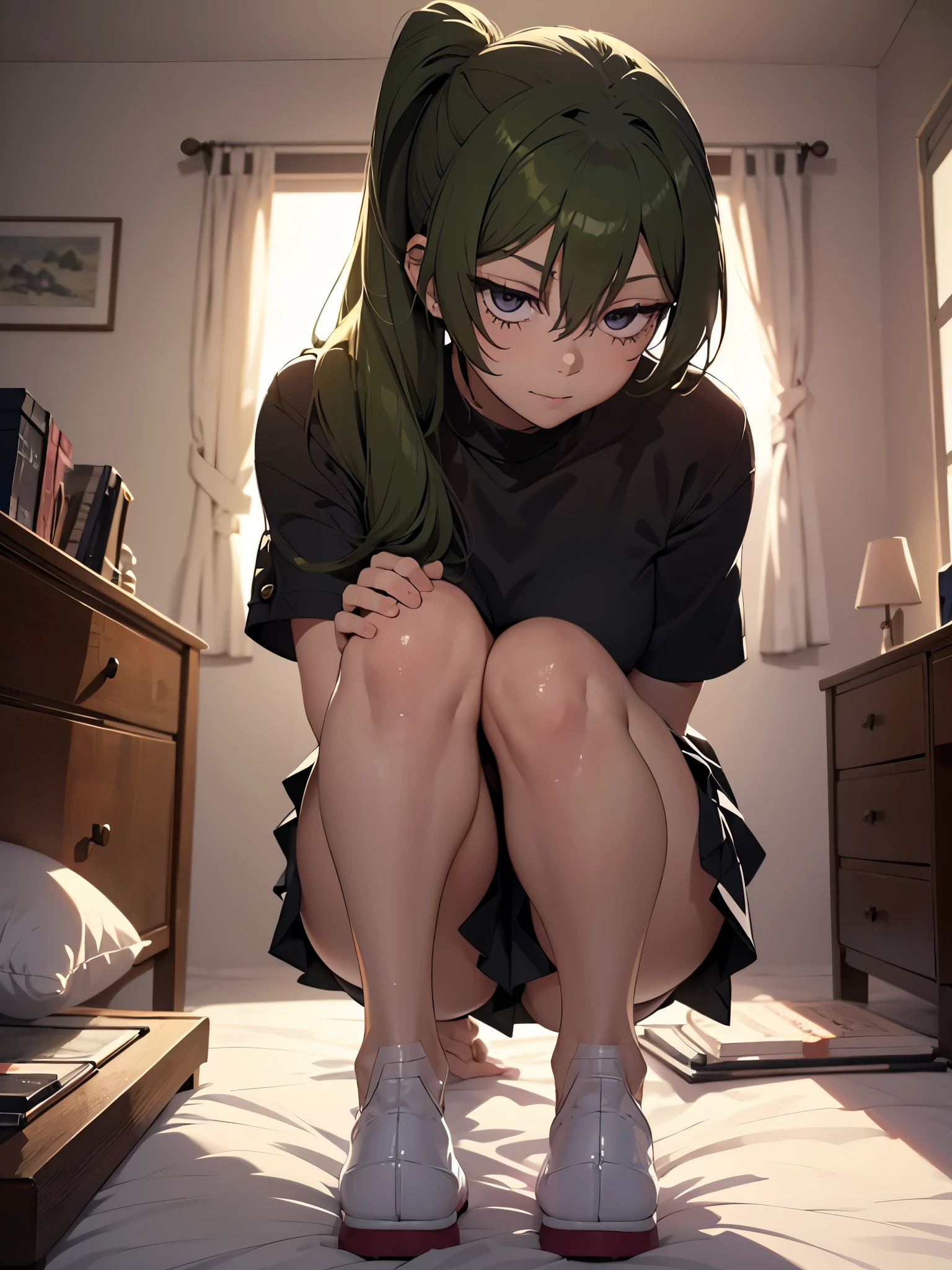 (original character, unity 16K wallpaper, masterpiece, best quality, ultra-detailed, extremely detailed cg, caustics, cinematic lighting, beautiful detailed eyes, solo, sexy woman), expressive eyes, perfect face, a drawing of a girl with a ponytail sitting on her feet, beautiful anime girl on knees, (seen from behind:1.3), (seen from above), seductive anime girl, wearing black onsieskirt, anime style, anime artstyle, the anime girl is crouching, pigtail, thicc, clean detailed anime art, in an anime style, cute art style, anime art style, beautiful anime art style. simple background, bedroom background, atmospheric background.
