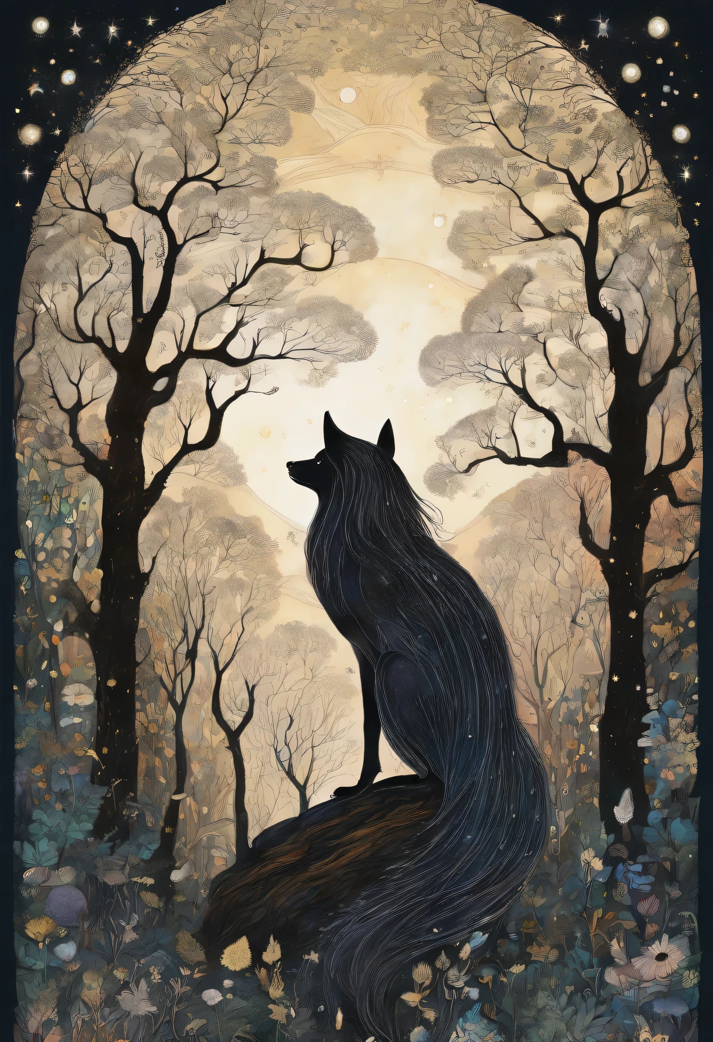 (wall art) (no mockup) (john bauer design) (scandinavian dense dark forest) (starry sky) (mystical creatures) (secrets hiding in the forest) (scandinavian colors)