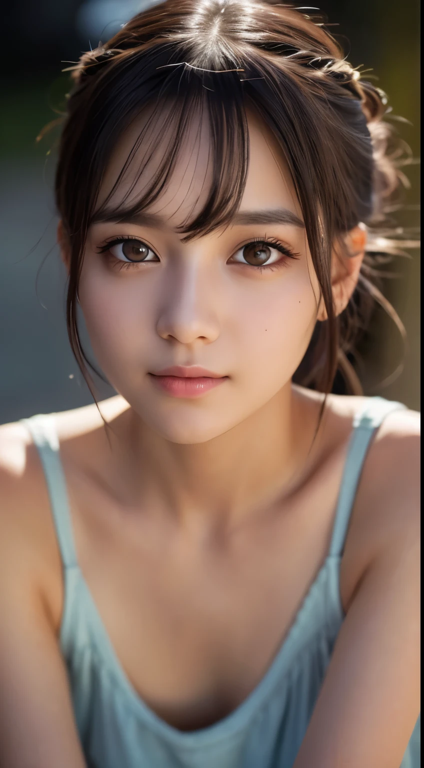 masterpiece, highest quality, Raw foto, photorealistic, smile, beautiful girl, cute, Hair up, Depth of the bounds written, High resolution, Super detailed, details, highly detailed eyes and face, mesmerizing black eyes, Realistic pupils, sharp focus, Cinematic lighting, upper part of the body, face on camera, roundish armond eyes,