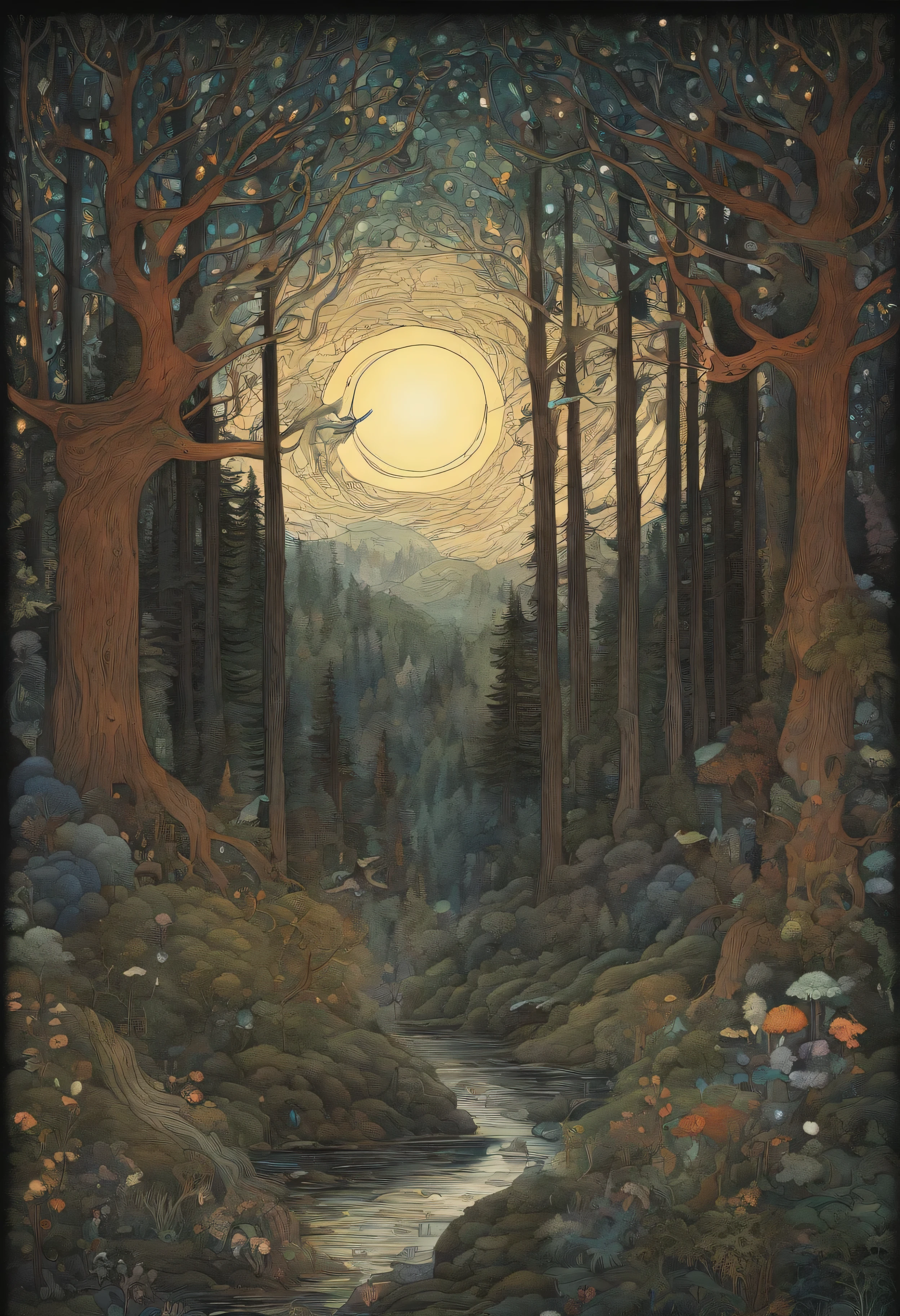 (wall art) (no mockup) (john bauer design) (scandinavian dense dark pinewood forest) (evening) (scandinavian colors)
