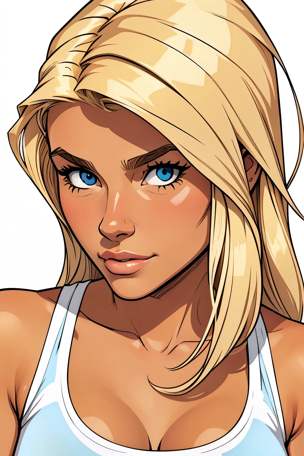Flat colors, close up, portrait of a 25 year old surfer looking girl, tan skin, beach blonde salty hair, natural beaty, beautiful, casual, see thru tank top, Cleavage simply white background