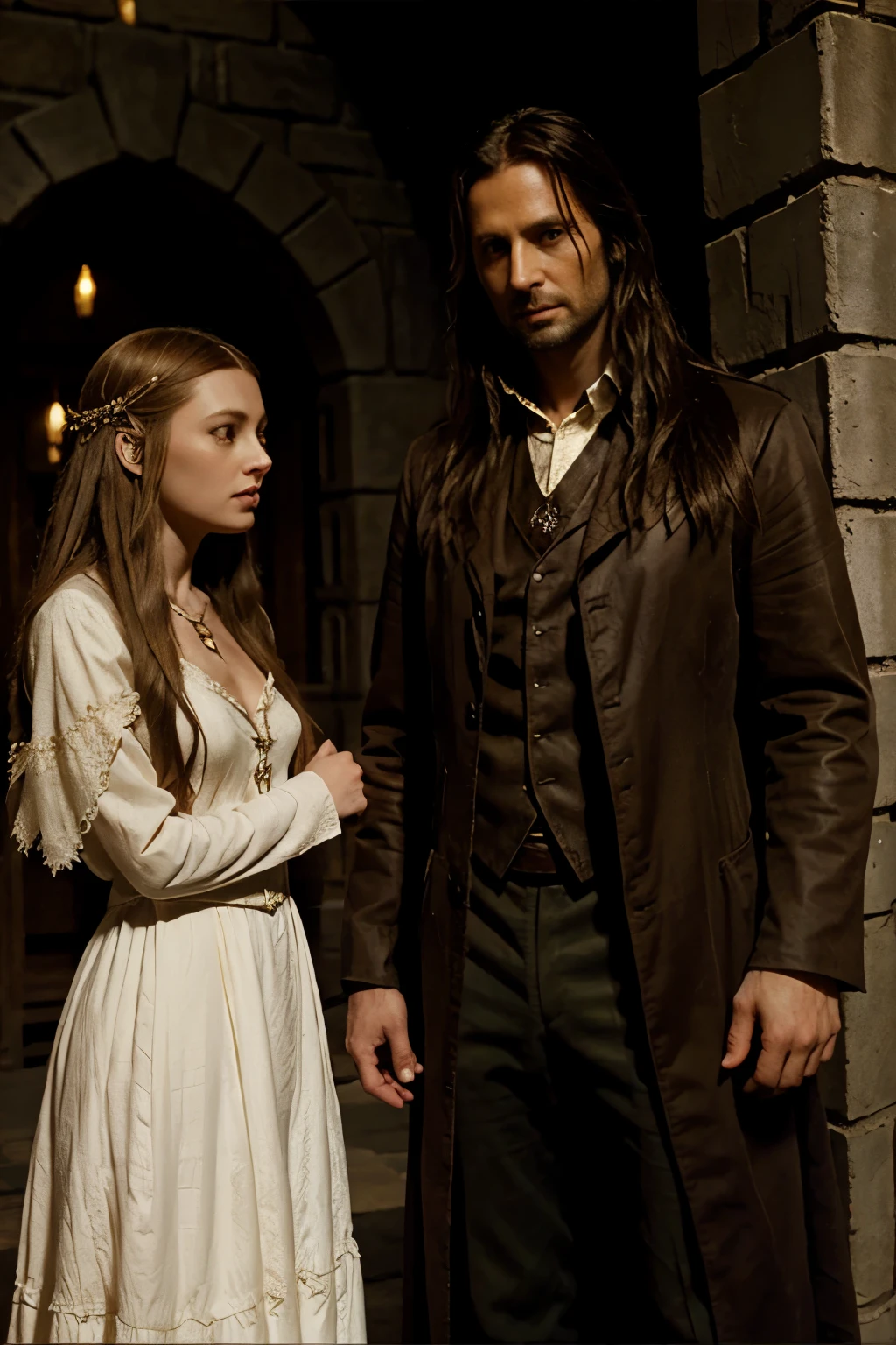 Galadriel and Aragorn from the Lord of the Rings movie but in the steampunk version