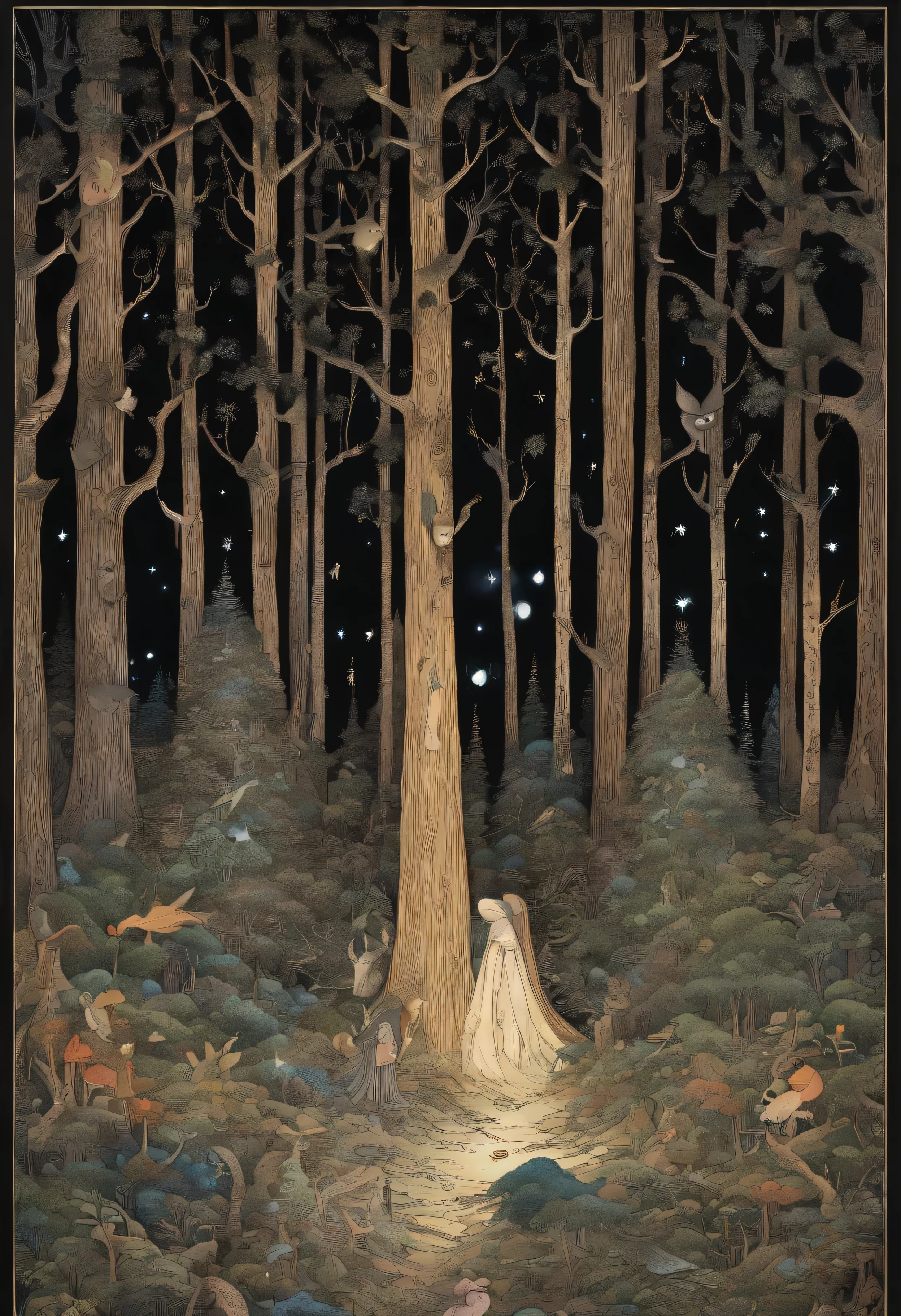 (wall art) (no mockup) (john bauer design) (scandinavian dense dark pinewood forest) (at dusk) (secret magical small creatures hiding among the trees) (scandinavian colors)