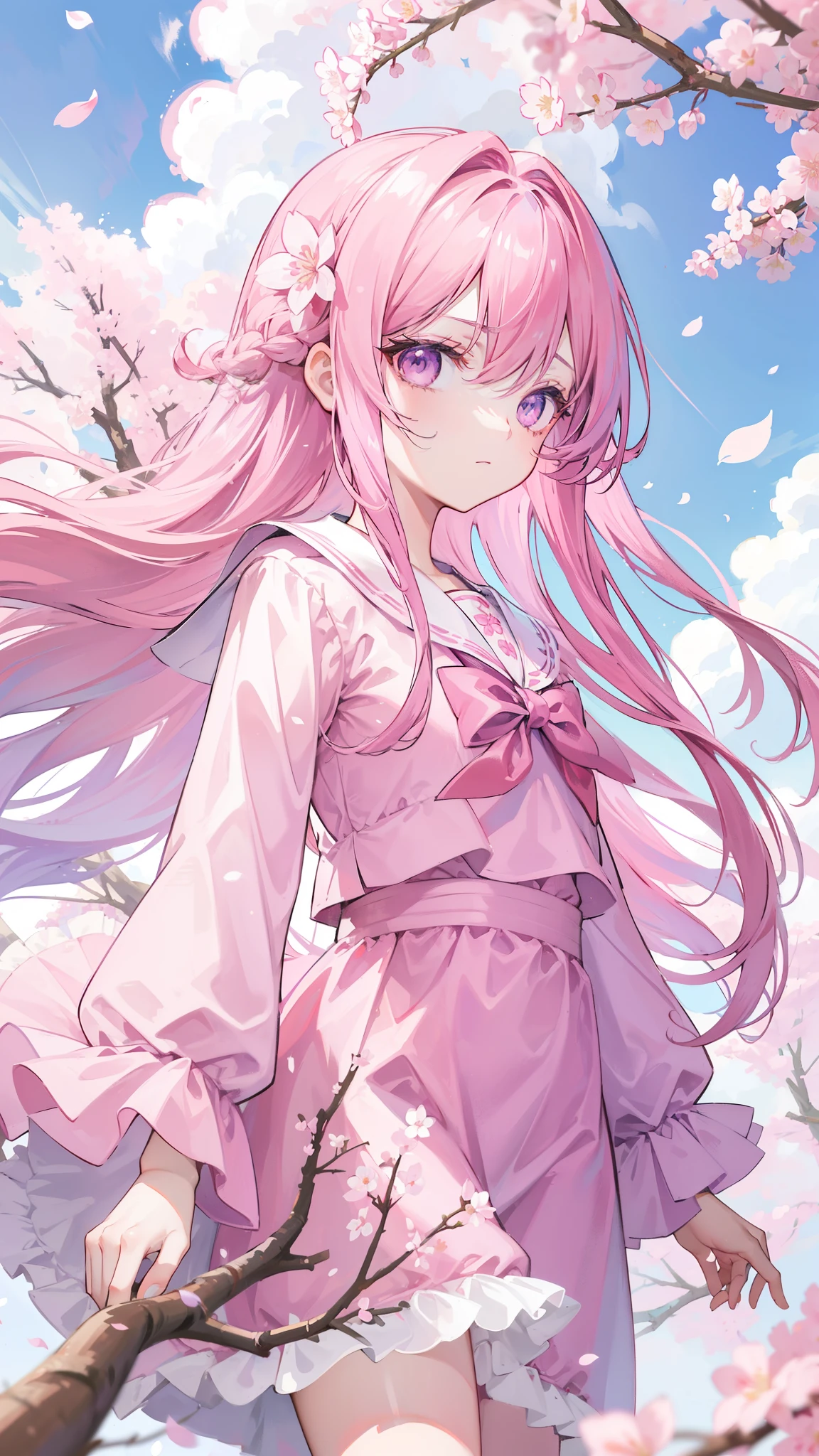 32k, solo, long hair, hair between eyes, closed mouth, standing, purple eyes, pink hair, flower, outdoors, frills, sky, cloud, pink eyes, tree, petals, floating hair, cherry blossoms, pink flower, (pink sailor suit), (((face focus))), (((looking at another))),