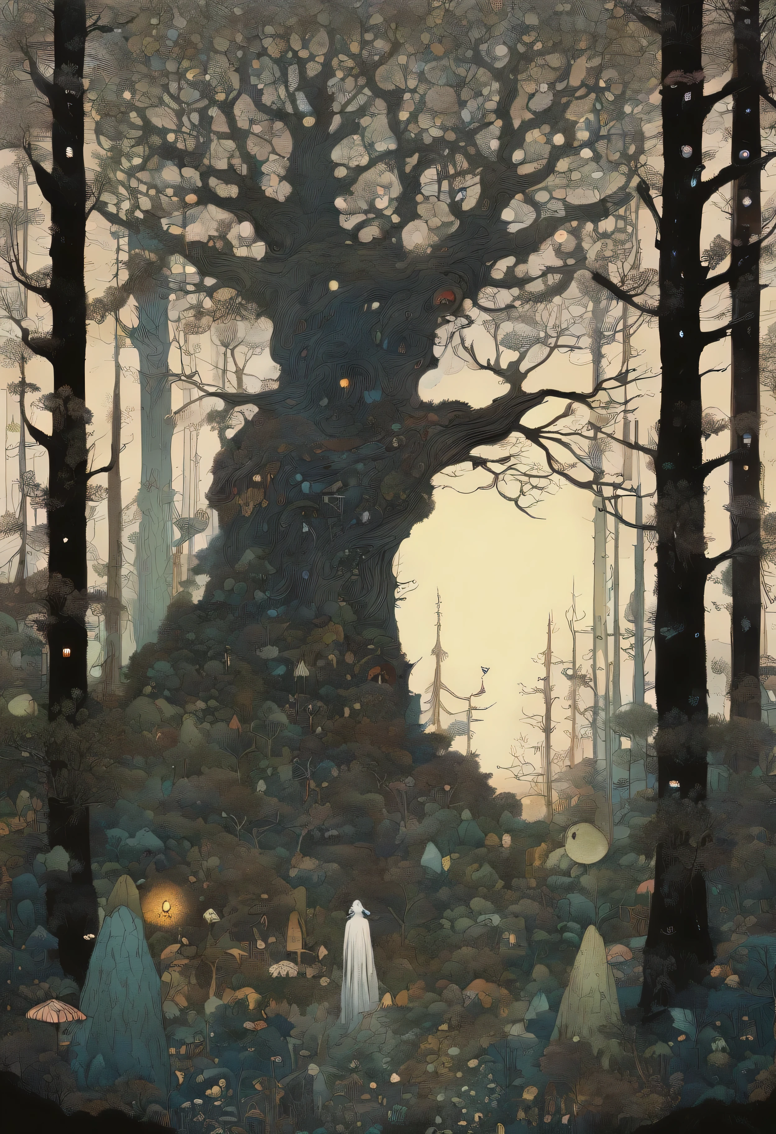 (wall art) (no mockup) (john bauer design) (scandinavian dense dark pinewood forest) (at dusk) (secret magical small creatures hiding among the trees) (scandinavian colors)