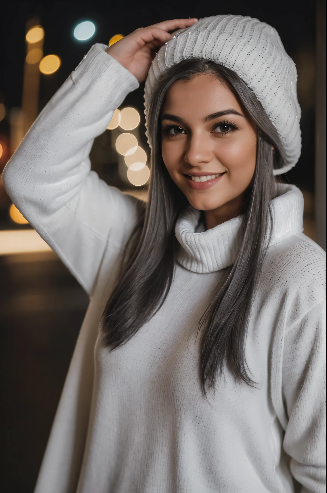 (snowing at night long exposure))), 1 mulher linda, 23 anos, sorriso sutil, flirts with the camera, she's a model, pose sensual, cabelo loiro, (Garota europeia:1.2), (random hair:1.3), (cabelo realista:1.2), (olhos realistas:1.2), (Rosto bonito:1.3), SFW, (((gray hat on head))), (((Loose white pullover with high woolen collar))),(((legging de lã preta))),(((botas pesadas para caminhada))), corpo perfeito, perfect hands, peito perfeito, Kodak ouro 200, medium shot, Melhor qualidade, Ultra high resolution, (fotorrealista:1.4), 8k, (((extreme low light conditions)))