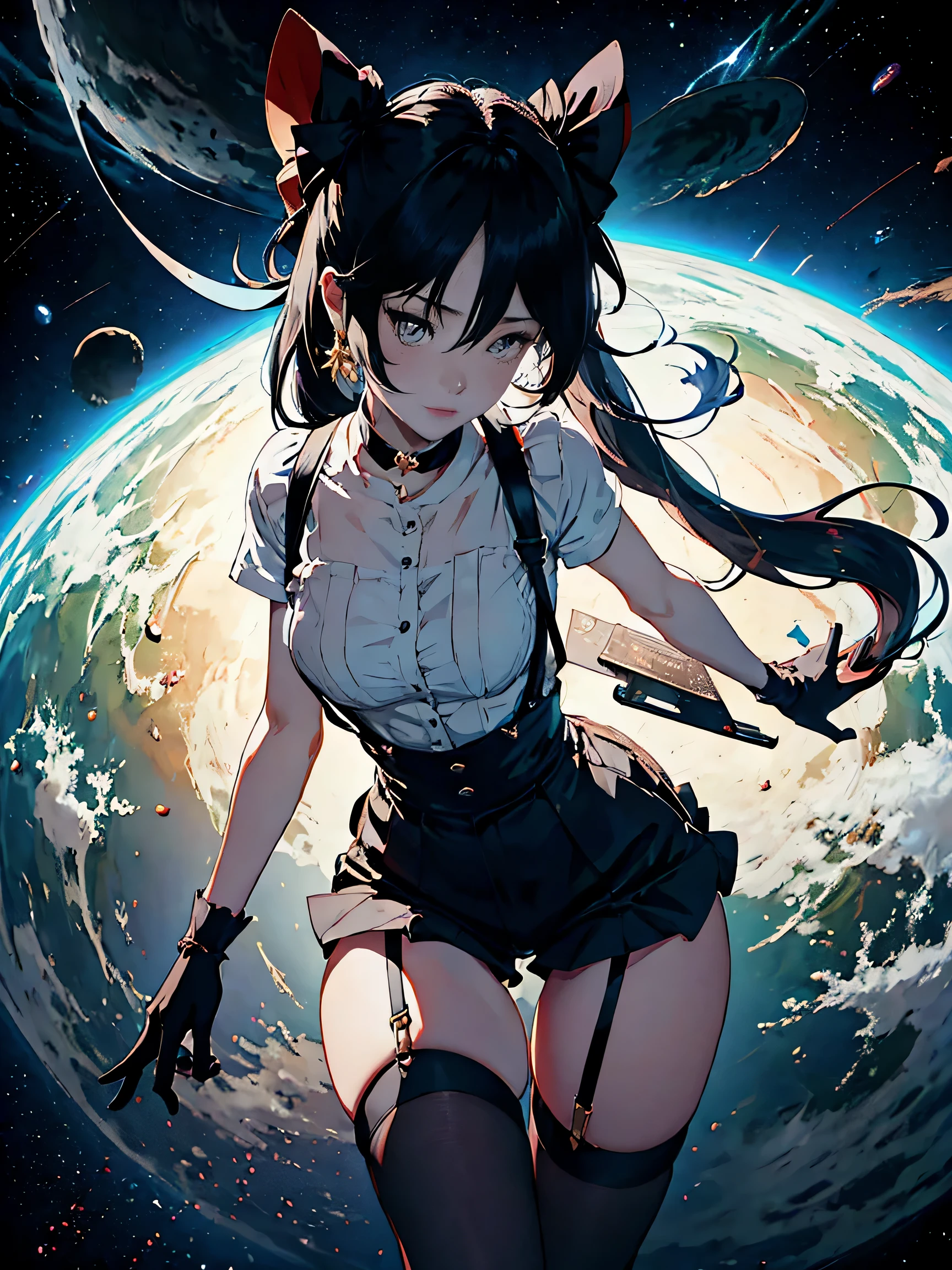 anime women in white shirt , Suspender stockings, Mona Genshin Impact, perfect things, Monochrome photo , Best wallpapers, best hand anatomy, finger model , Mona Genshin Impact, dynamic physics level, astrology in space , Mon&#39;s absolute power, black hole background, best quality eyeshadow, domain release 