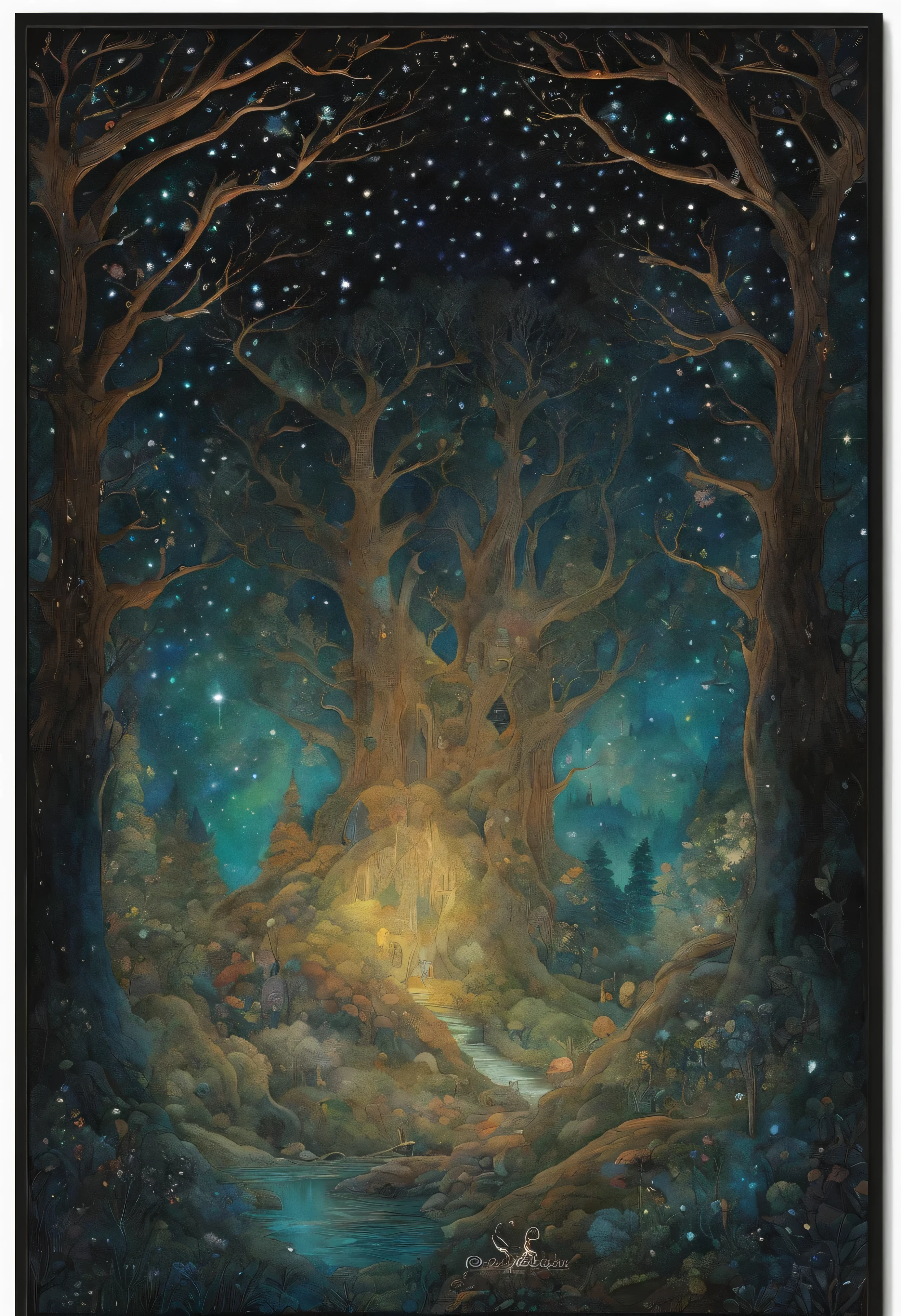 (wall art) (no mockup) (john bauer design) (scandinavian dense dark forest) (starry sky) (secret magical small creatures hiding among the trees) (scandinavian colors)