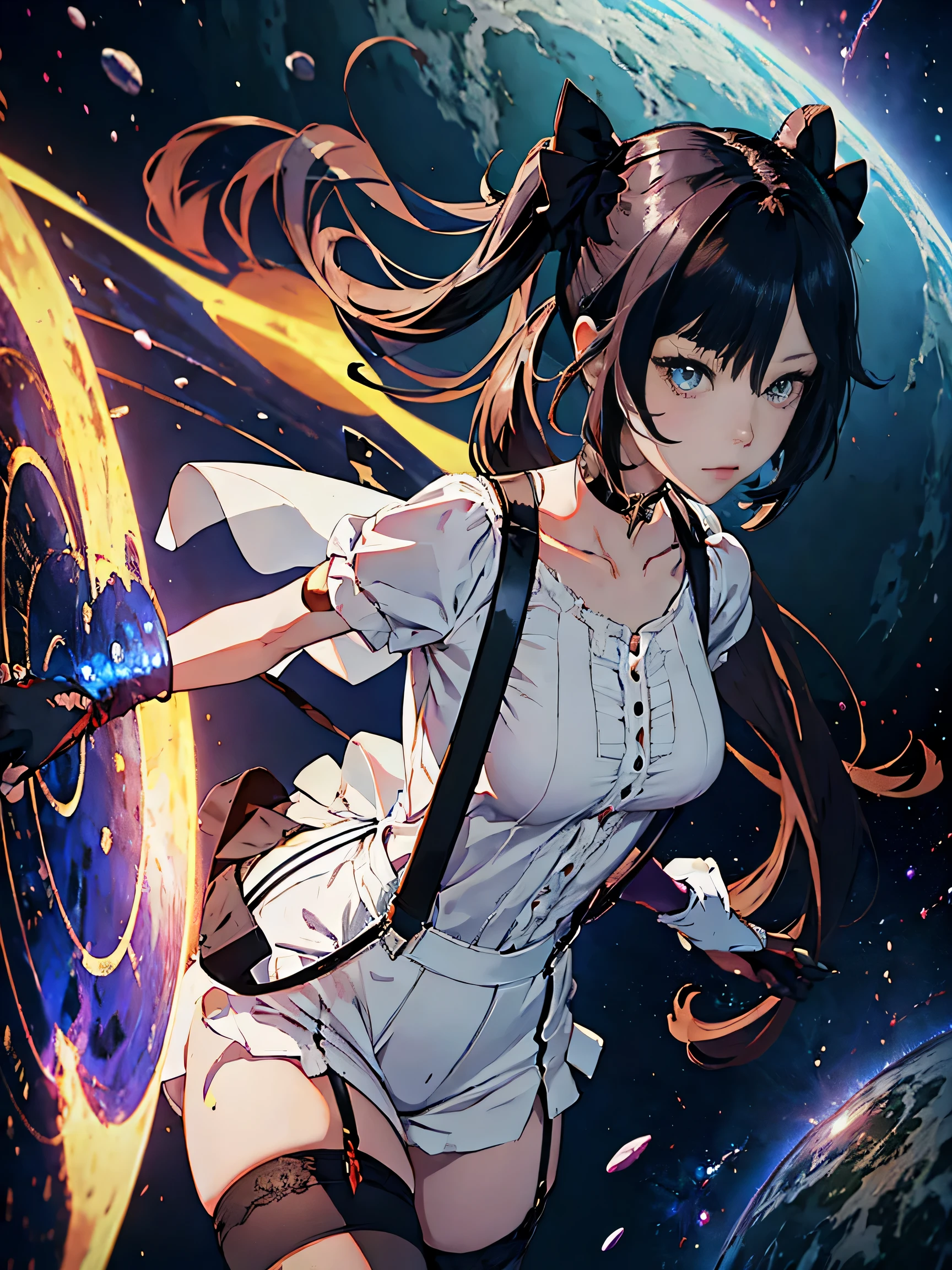 anime women in white shirt , Suspender stockings, Mona Genshin Impact, perfect things, Monochrome photo , Best wallpapers, best hand anatomy, finger model , Mona Genshin Impact, dynamic physics level, astrology in space , Mon&#39;s absolute power, black hole background, best quality eyeshadow , full-arm-gloves 