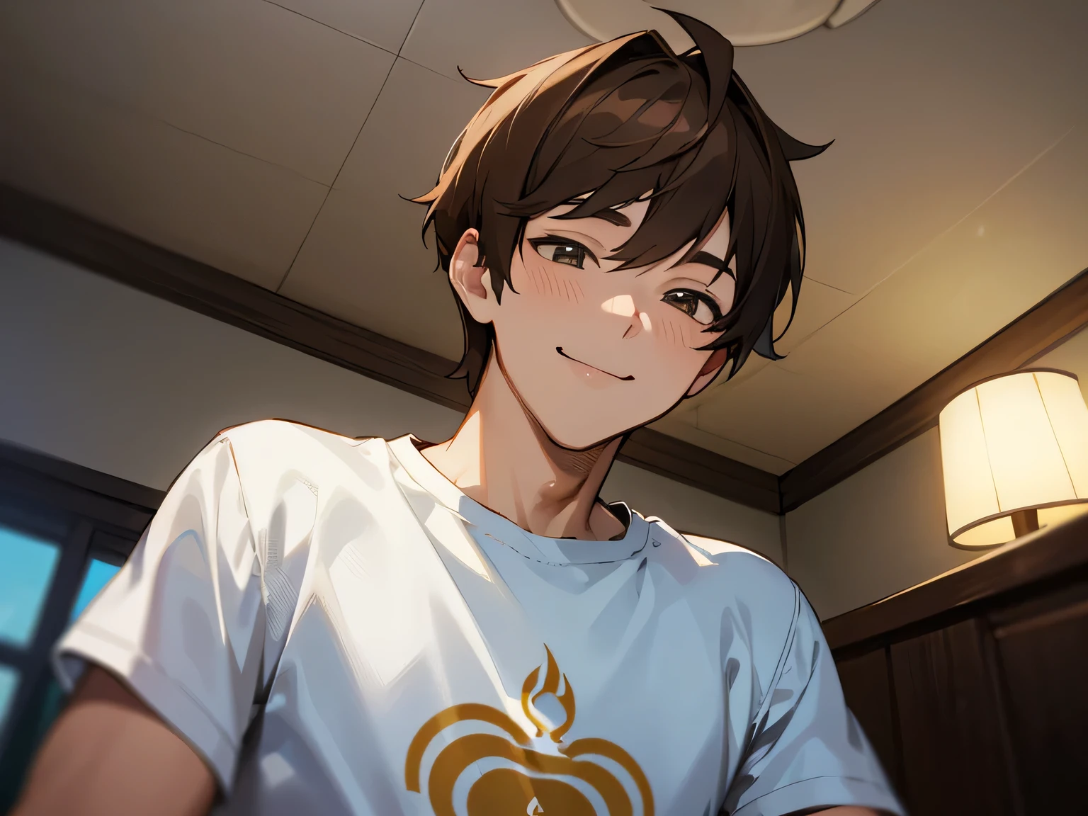 male,28 years old,masterpiece, high quality, 最high quality, hd, from below,upper body shot,perfect lighting, detailed face, detailed body, 1 person, slightly longer brown hair, white t-shirt, (smile: 1.5), sitting, bed, in the room,sealing,((night))