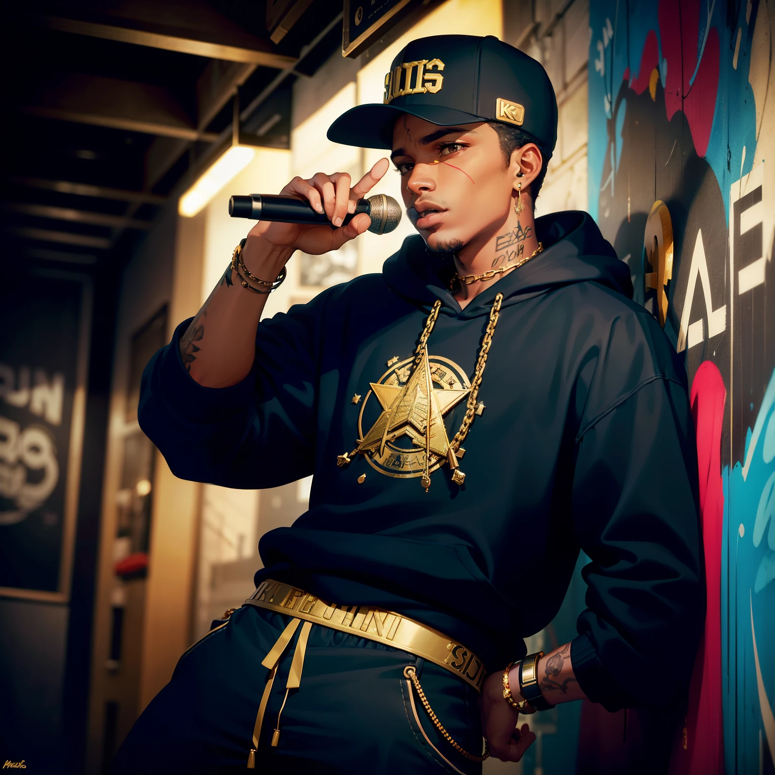 Rapper: A Brazilian man, dressed in baggy pants and a hoodie, confidently holds a microphone, rapping intently with a serious expression. hub beneath the city lights, graffiti art adorns the walls. Intricate details and realistic textures bring this urban scene to life. (masterpiece, best quality, 1.5)
Rapper (brasileiro, homem): A Brazilian man, exuding charisma, stands confidently in a dimly lit recording studio. He wears a gold chain and a baseball cap askew, holding the microphone close to his lips, ready to lay down his next verse. The room is filled with vintage equipment,