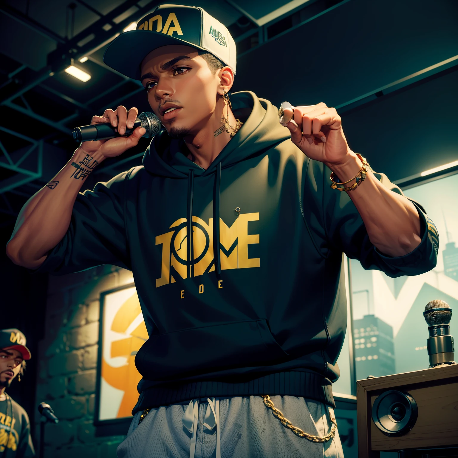 Rapper: A Brazilian man, dressed in baggy pants and a hoodie, confidently holds a microphone, rapping intently with a serious expression. hub beneath the city lights, graffiti art adorns the walls. Intricate details and realistic textures bring this urban scene to life. (masterpiece, best quality, 1.5)
Rapper (brasileiro, homem): A Brazilian man, exuding charisma, stands confidently in a dimly lit recording studio. He wears a gold chain and a baseball cap askew, holding the microphone close to his lips, ready to lay down his next verse. The room is filled with vintage equipment,