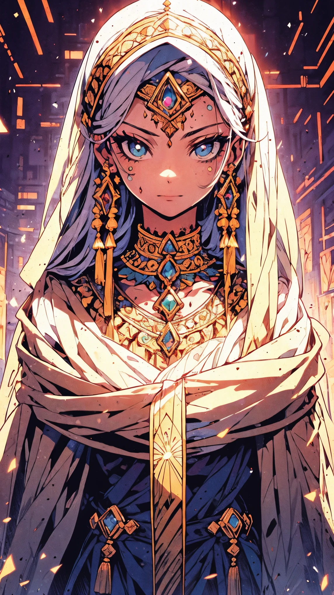 "(Mejor calidad,high resolution),primer plano de la cara de una momia,covered in bandages with golden hieroglyphs,(detallado:1.1),(Colores vivos e intensos.:1.1),(realista:1.1) graphic art style,Espantoso,cuencas de los ojos con brillantes ojos dorados,detallado wrinkles, Dark circles under the eyes."