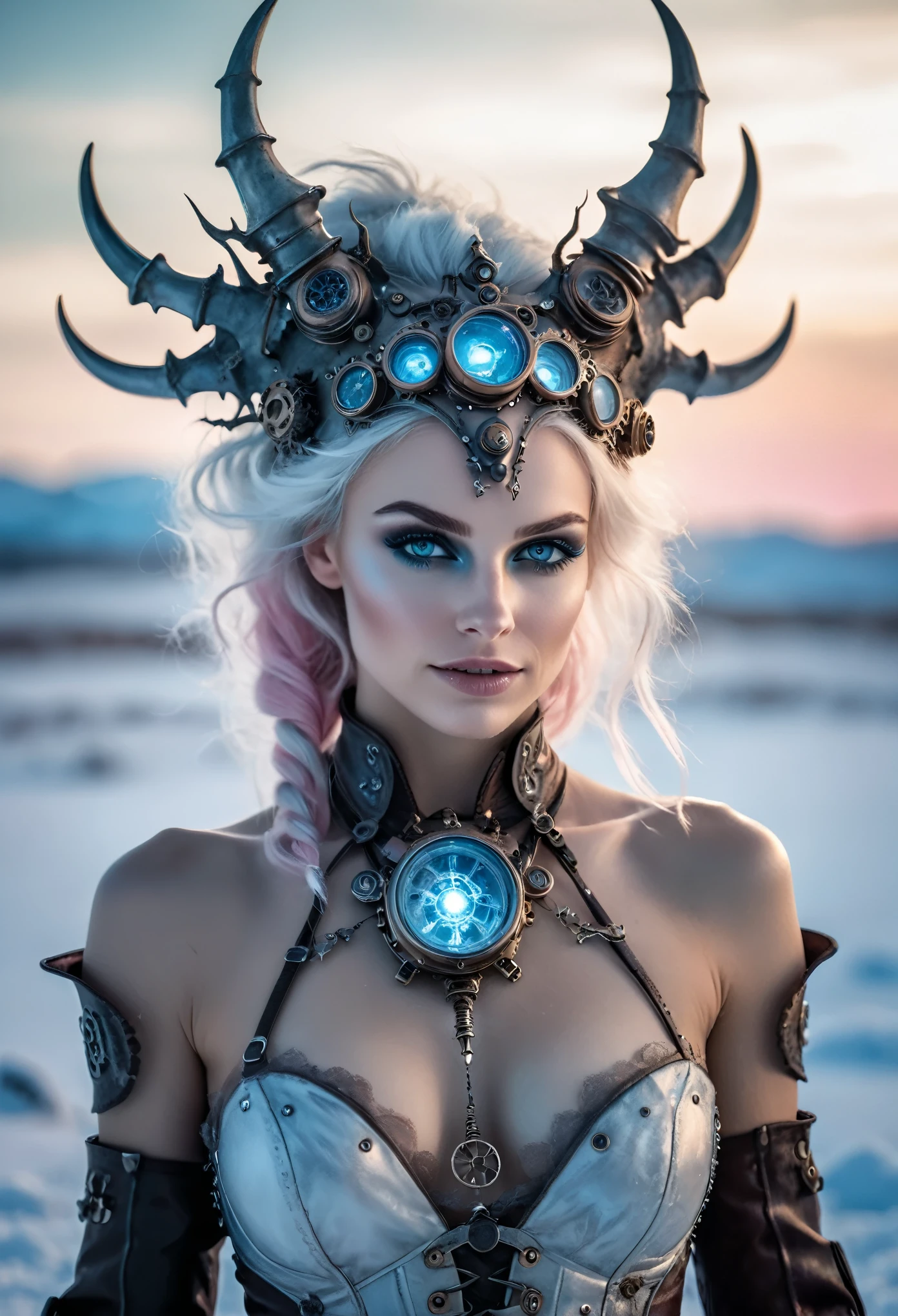 photo shot on Nikon D850, 16k, full body shot, masterpiece, Detailed, breathtaking, atmospheric perspective, diffusion, natural skin texture, DSLR, 80mm Sigma f2, depth of field, film grain, intricate natural lighting, beautiful steampunk demon with icy blue and white lighting standing in icy field, topless, light grey and pink, energy-filled illustrations, extremely sexy, detailed face and eyes, no makeup, little smiling, highly detailed, dark fantasy aura, faded colours.