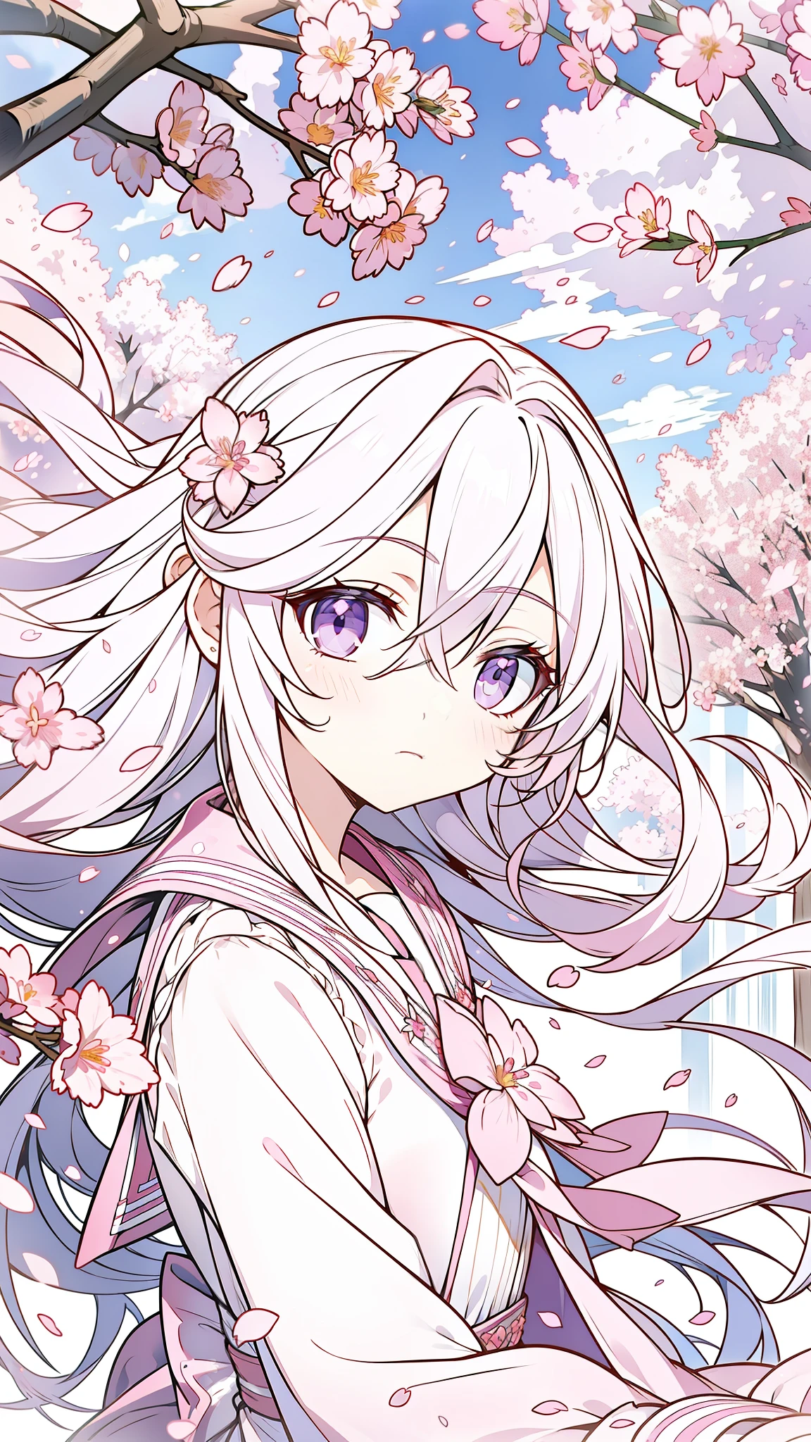 32k, solo, long hair, hair between eyes, closed mouth, standing, purple eyes, pink hair, flower, outdoors, frills, sky, cloud, pink eyes, tree, petals, floating hair, cherry blossoms, pink flower, (pink sailor suit), (((face focus))), (((looking at another))),