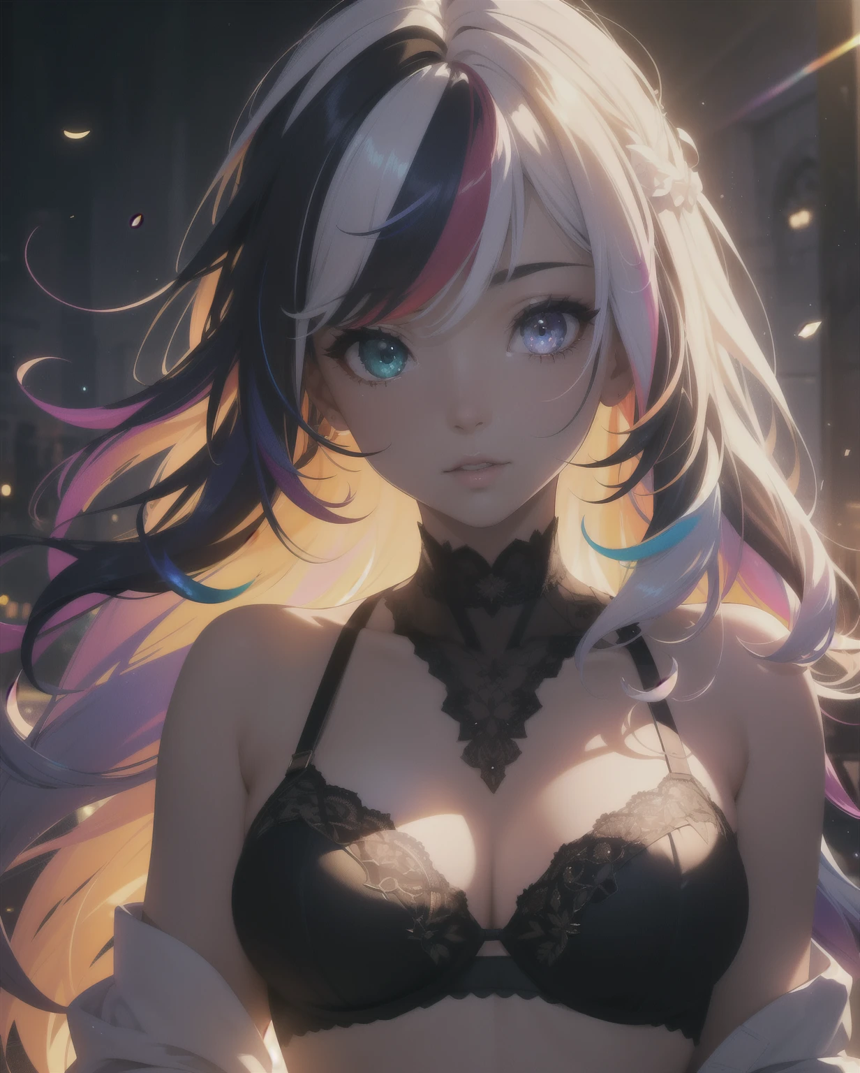 {{masterpiece}}, best quality, extremely detailed CG unity 8k wallpaper, cinematic lighting, lens flare, beautiful detail eyes, black, lingerie, white lace bra, multicolor hair, colorful light, particles, heterochromia, (colorful:1.5), (colorful hair:1.5)