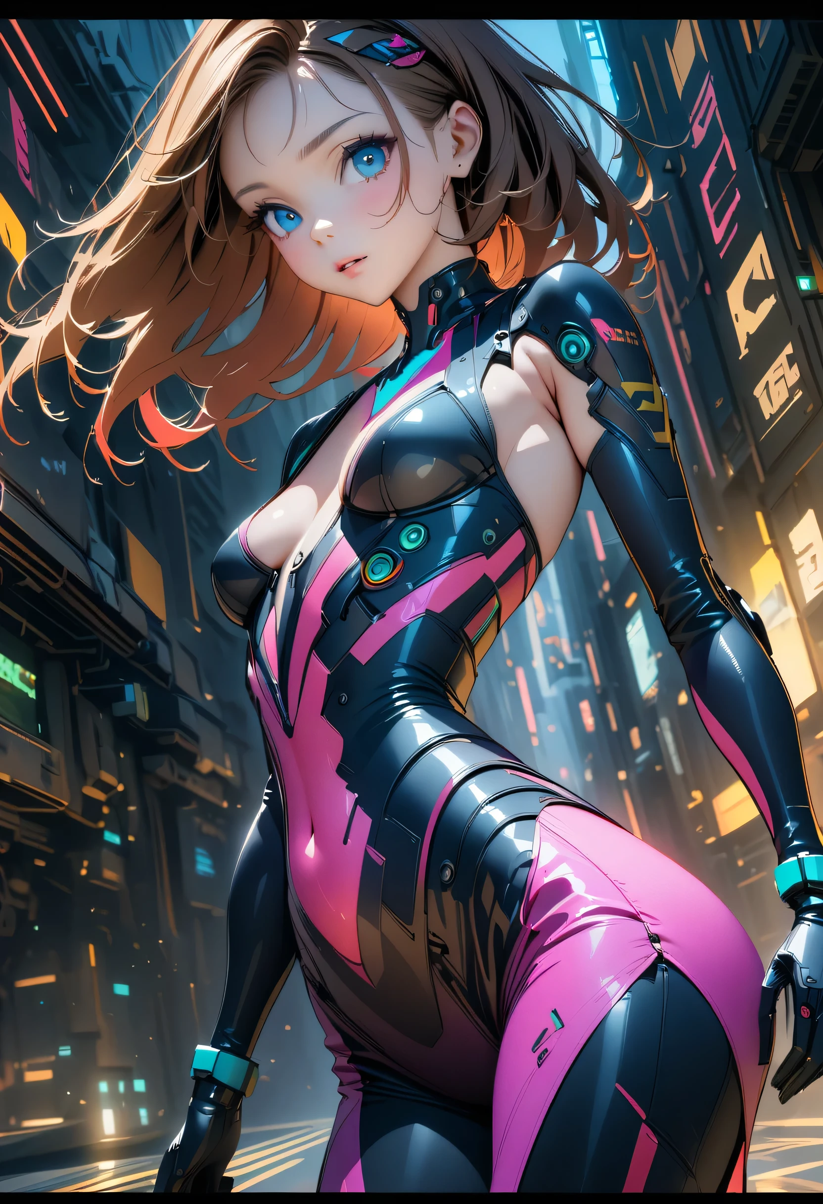 color portrait of a young girl, very sexy, modern style, Comic book book, cyberpunk, future, color fill, Rich colors. Very elegant, I stand half-turned, athletic posture, I look at the viewer. body tattoos, fashionable short dresses, devices on the body. 2_The background depicts a majestic city of the future, Evening city, lights, lighting, and robots. 3_High image quality, 4K | Ultra HD | Full HD, cinematic Comic book book, 3D visualization_in Comic book book style - linear stroke, color fill, high-quality stroke - a masterpiece, TOP computer graphics ART. 8 k, dark lighting, heavy shading. (bright, anime, Comic book, creative, sharp focus, 8 k). High detail of the picture, lines, High-quality background (shades of cool tones, red, warm highlights, side lighting), Architecture, cyberpunk, futurism. film grain, dust, and particles in the air.