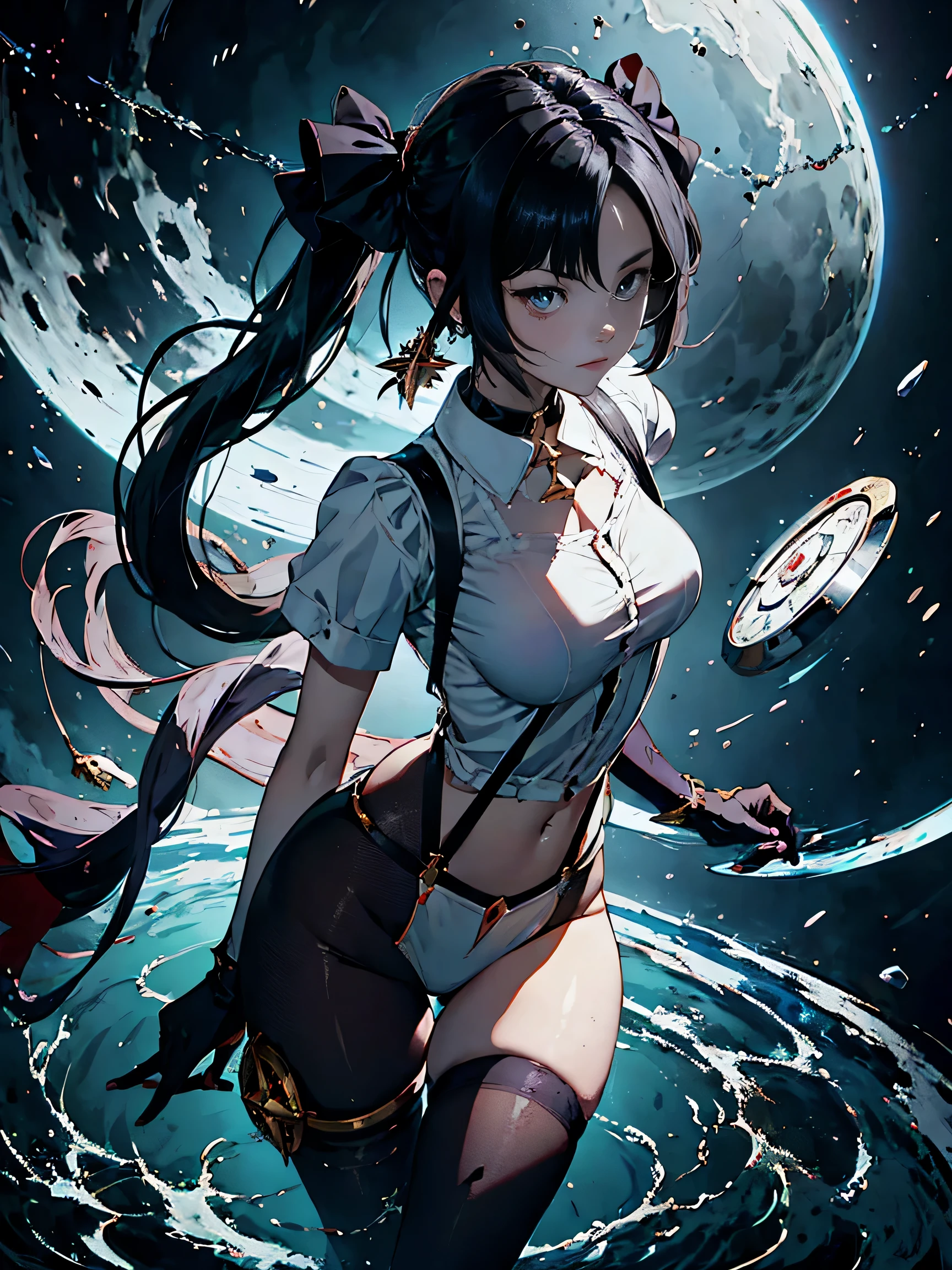 anime women in white shirt, Yes, details, best form, Suspender stockings, Mona Genshin Impact, perfect things, Monochrome photo , Best wallpapers, best hand anatomy, finger model , Mona Genshin Impact, dynamic physics level, Mon's absolute power, black hole background, best quality eyeshadow , full-arm-gloves