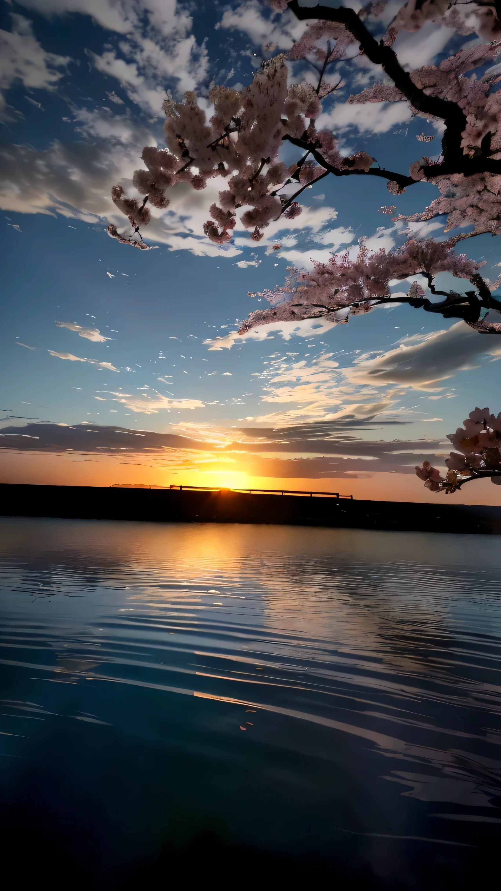 (extremely detailed CG unity 8k wallpaper, masterpiece, best quality, ultra-detailed), (best illumination, best shadow), floating, high saturation, [((1 samurai), katana, warrior outfit, serious face, black hair AND (cherry blossoms), depth of field, sunset sky, wind), cloud, petal, water reflection]