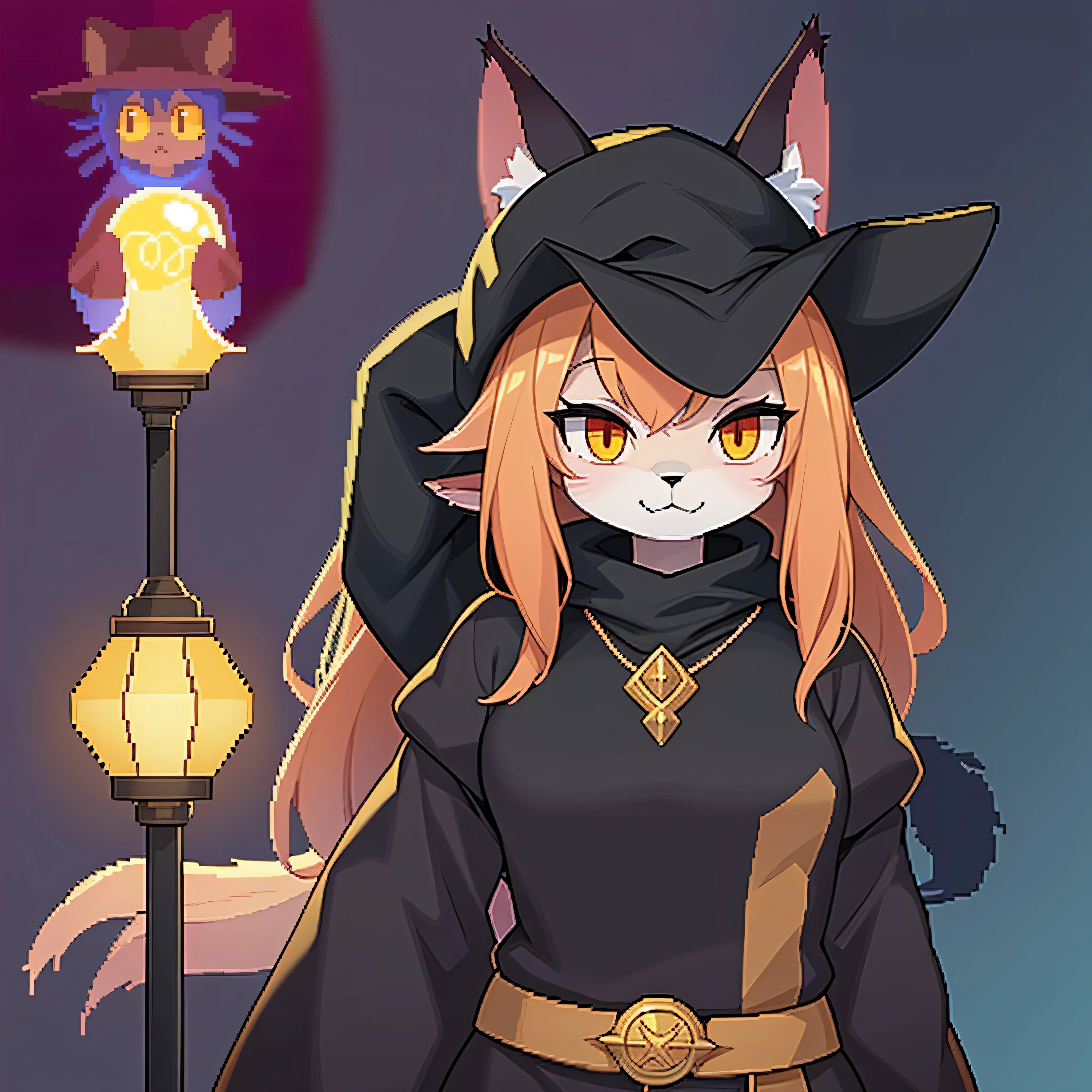 pixel art of a cat with a hat and a lamp, bruxa gato, mago raposa negra, bruxa brilhante, retrato de um mago, uma bruxa, garota bruxa, #pixelart, # pixelart, catgirl, /!\ the sorceress, mago, avatar para site, adivinho, segurando uma esfera brilhante, #pixelart:3