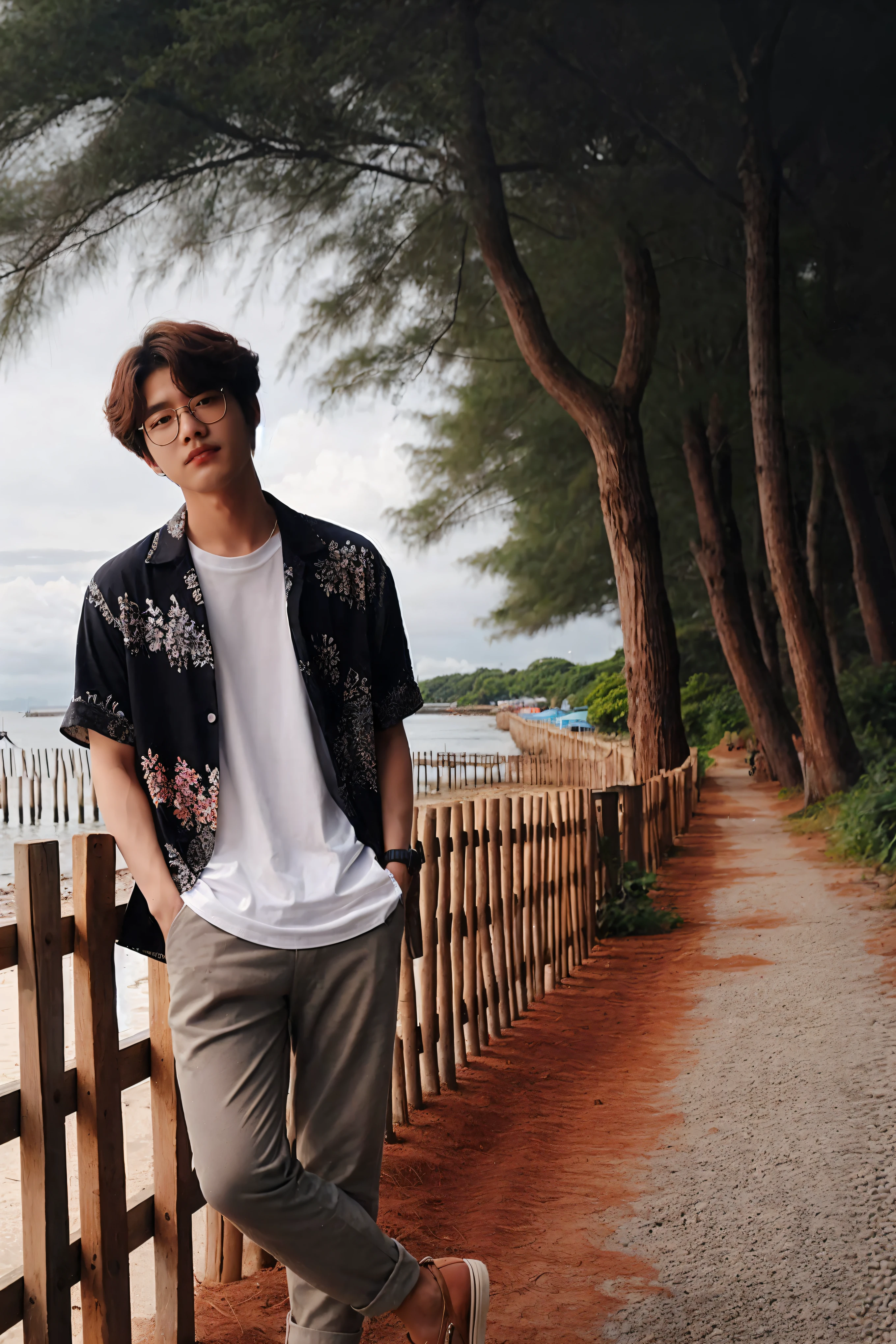 there is a man standing on a path by the water, taejune kim, jung jaehyun, male ulzzang, jinyoung shin, kim doyoung, cai xukun, hyung tae, smooth in _ the background, with hawaiian shirt, seseon yoon, hong june hyung, inspired by jeonseok lee, with short hair, jungkook