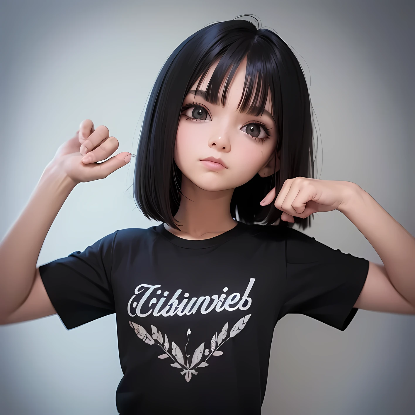 Crie para mim uma personagem 3d com o fundo da imagem branca e a camisa dela preta e o cabelo preto, com olhos castanhos claros, sobre uma atendente de marketing brasileira, sem estampas na camiseta e fazendo poses