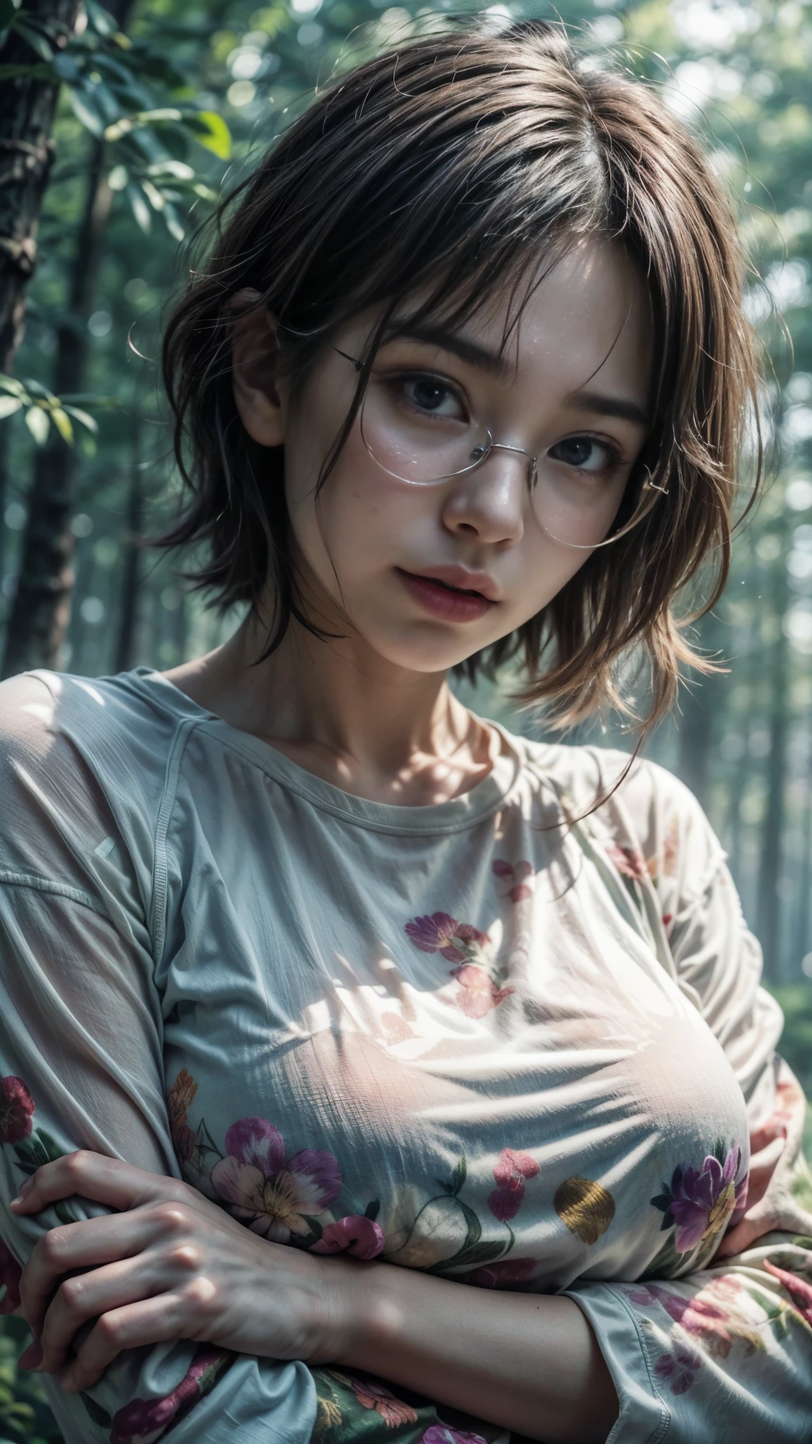Photorealistic, (close up:1.3, exposed face), wide angle, (seen from below), a japanese young woman wearing wet (long sleeve (floral t-shirt:1.2), oversized t-shirt, bottomless), a hyperrealistic beautiful young girls with grayish blue eyes in glasses, natural sagging breast, high detailed official artwork, beautiful girls with slim fit body and busty posture, long legs, attractive young woman, (atractive poses:1.3, crossed arm hold the breast up), at bench in the (natural foggy forest:1.2), natural background, rainny day, dubnitskiy david fanart, realistic portrait, smooth photorealistic, perfect visual of a cute girls, cute girls with skinice soft face, face focus, makoto shinkai and artgerm, photon mapping, natural light, warm color tones, vivid colors, cool ambient, foggy atmosphere