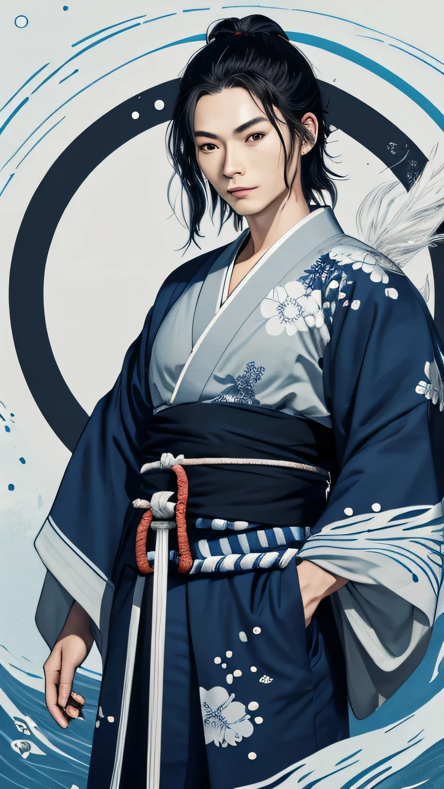1 homem com aparencia jovem, samurai com olhos azuis e cabelo branco, pele branca, dark blue kimono with 5 circles drawn on the back, olhando para a direita, olhos tristes, calmo, com uma katana com uma bainha com ondas do mar desenhadas na cintura