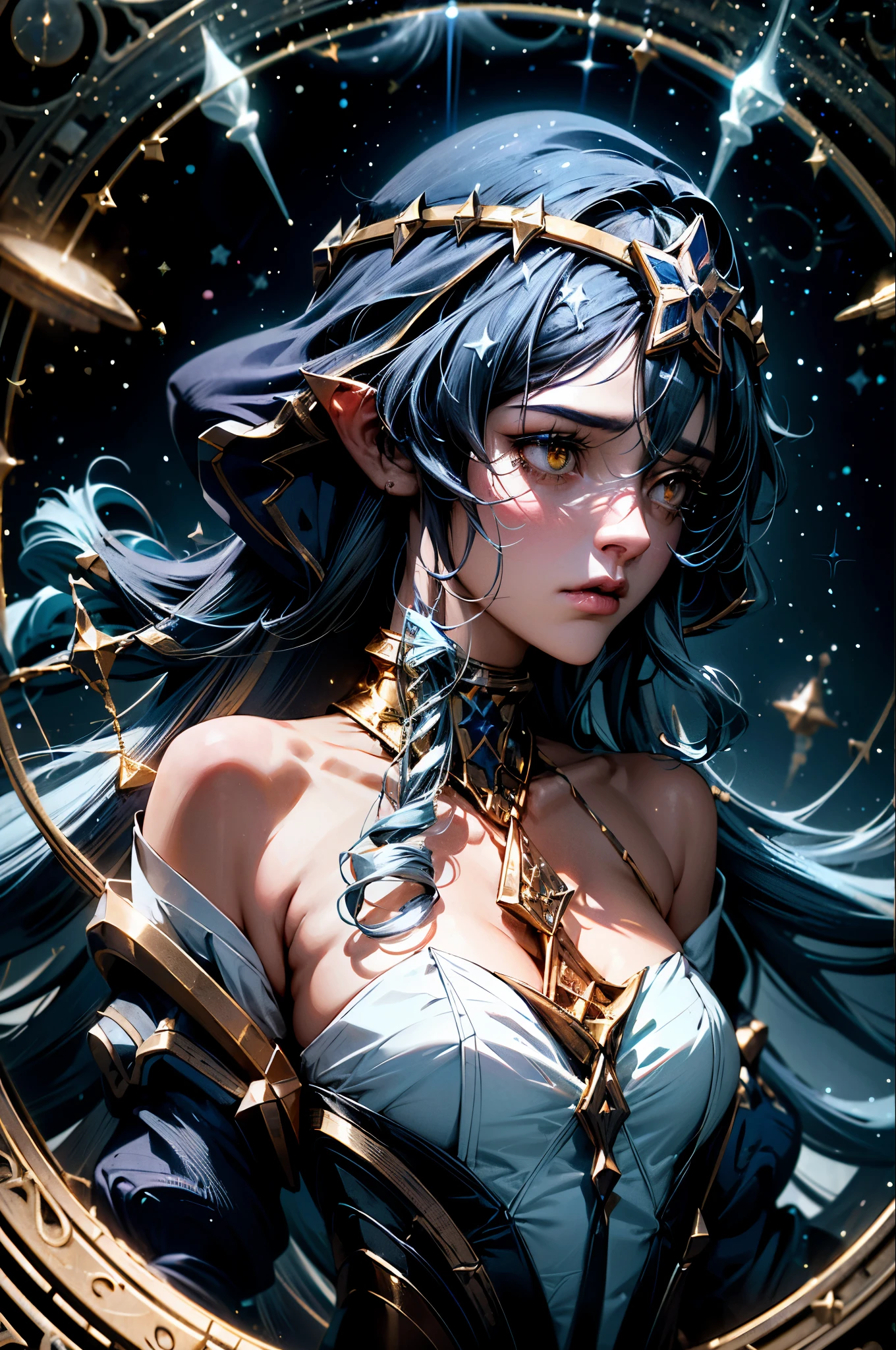 (1 girl solo, long flowy blue hair, yellow eyes, blue and white clothes, white leggings, blue hood, golden details and accessories, bare shoulders) ((portrait closeup shot, floating in space)) (masterpiece), (best quality:1.4), absurdres, [:intricate details:0.2], 1girl, Flowing robes, intricate magical circles, glowing map of the stars and constellations and galaxies, shimmering aura, intense focus, arcane incantations, crackling energy, levitating artifacts, flickering candles, swirling mist, sparkling stars, mystical crystals, glowing sigils, otherworldly chanting, mysterious symbols, powerful invocation, transcendent awareness, cinematic light, cinematic shot, dramatic shot, movie poster aestethic