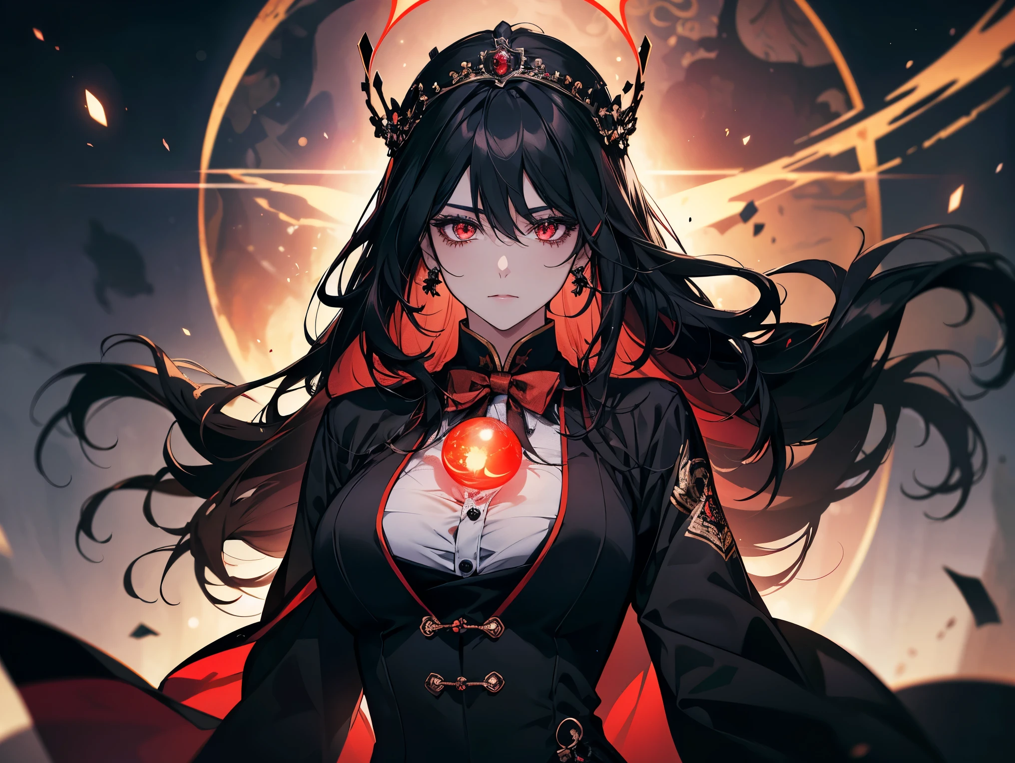 1 female, teacher, wearing a black dress, black leggings, black hair, long hair, face to detail, detailed eyes, light red eyes, red bowtie, black crown floating over her head, red glowing energy orb in her chest, the background is space in china