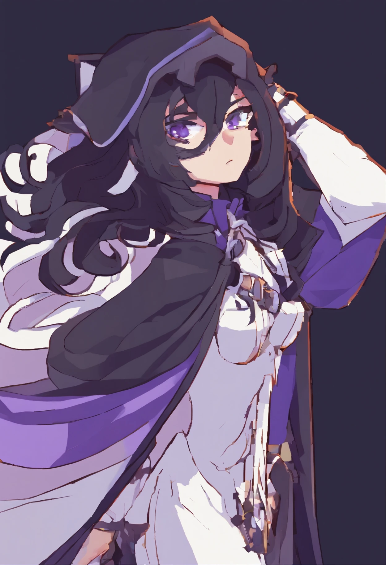 1 person, fashionable, cloak, black hair, lavender eyes, androgynous, half-mask, looking at viewer.