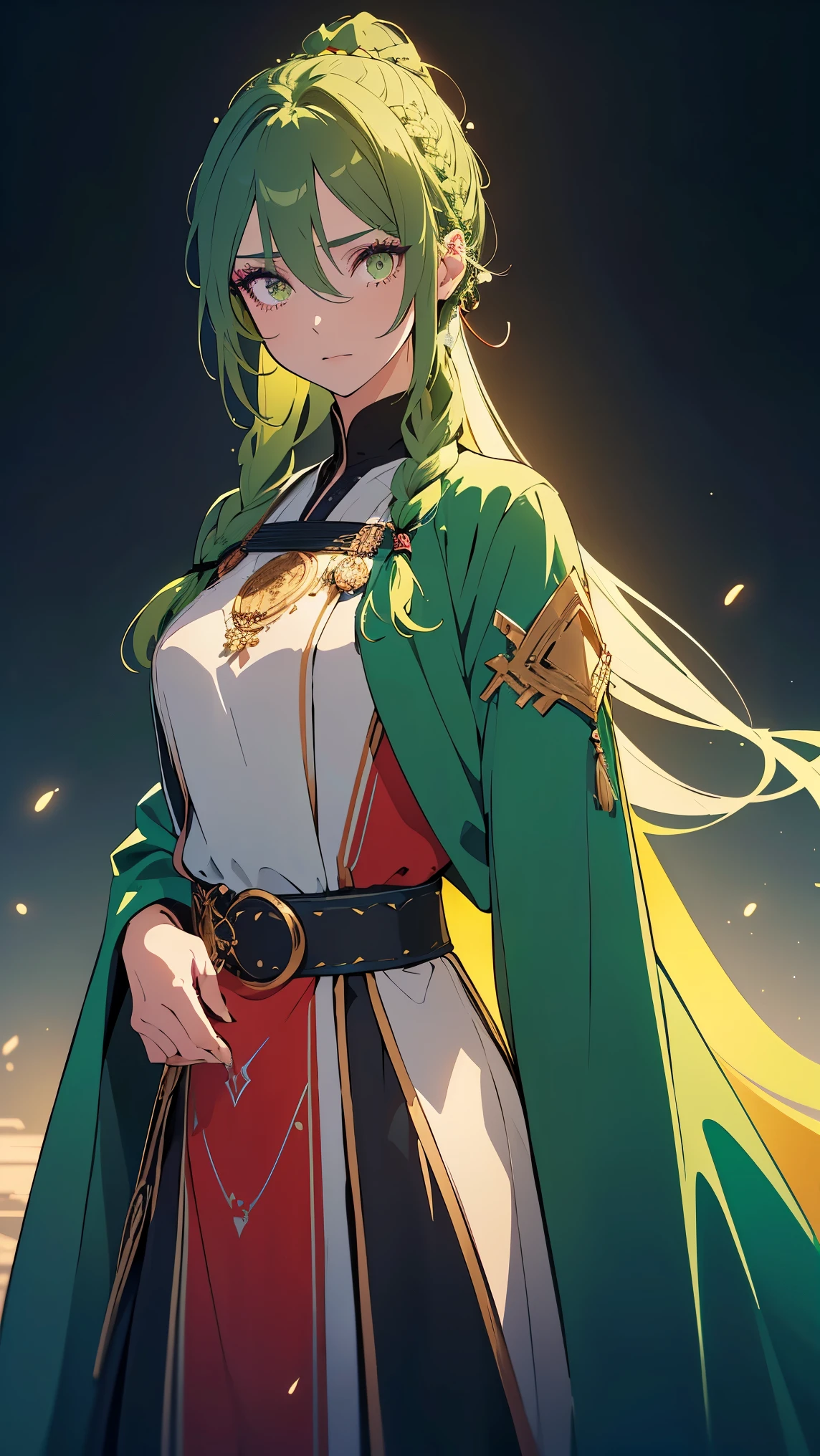 Girl1,(green long hair,Braided ponytail hairstyle, white eyes,Long eyelashes),(red eye shadow),full body, (green Arabic abaya dress, blue waist belt),(Highly detailed CG,module,8K wallpapers)،(Highest quality, high resolution, beautiful lighting, realistic shadow, high resolution)،(Detailed skin, highly detailed, detailed faces and eyes, realistic eyes)