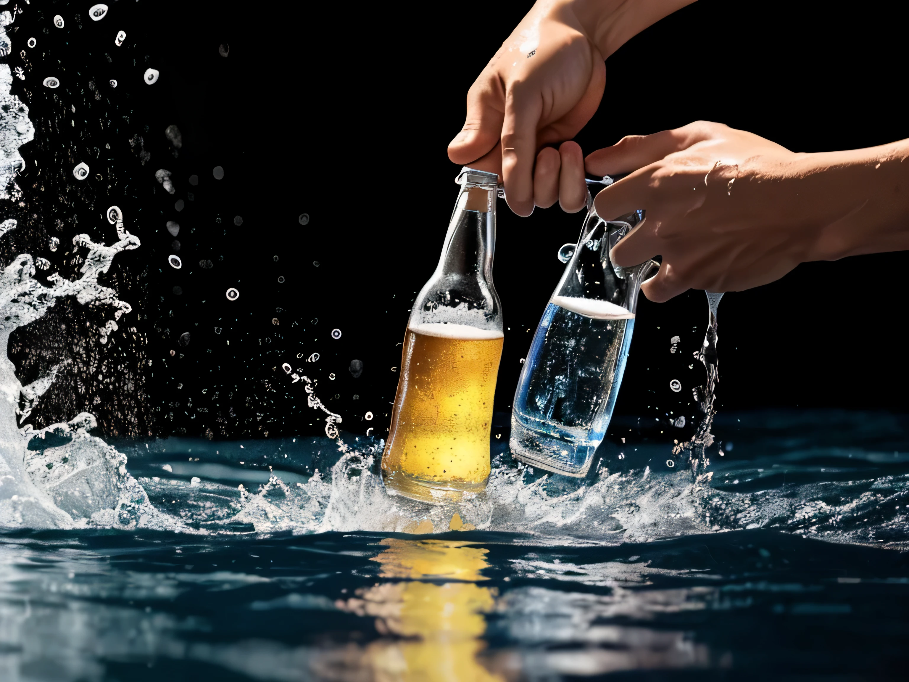 splash de agua en botella oscura de cerveza sin etiqueta