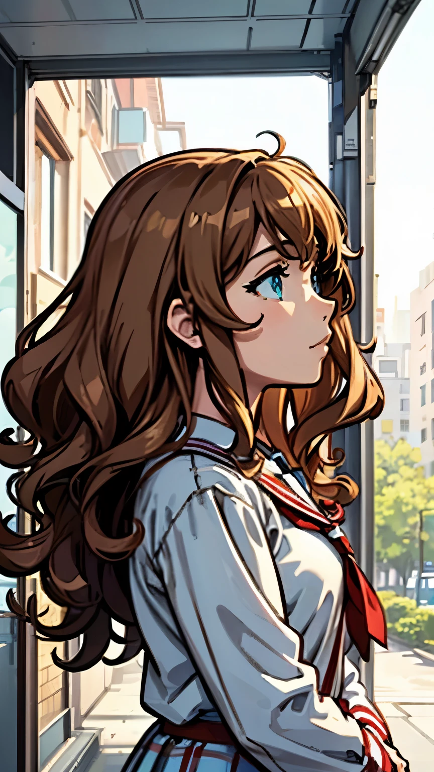 a profile photo from a Anime comic insightful girl with light brown curly hair parted in the middle, with characteristic cyan eyes, light skin, with beige, red and white school clothes, very soft and comfortable