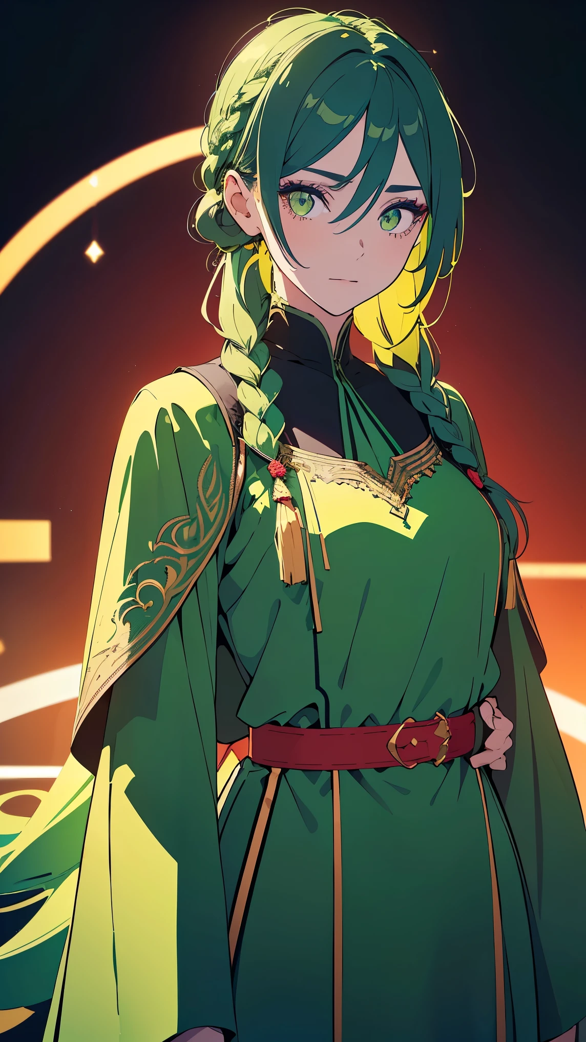 Girl1,(green long hair,Braided ponytail hairstyle, white eyes,Long eyelashes),(red eye shadow),full body, (green Arabic abaya dress, blue waist belt),(Highly detailed CG,module,8K wallpapers)،(Highest quality, high resolution, beautiful lighting, realistic shadow, high resolution)،(Detailed skin, highly detailed, detailed faces and eyes, realistic eyes)