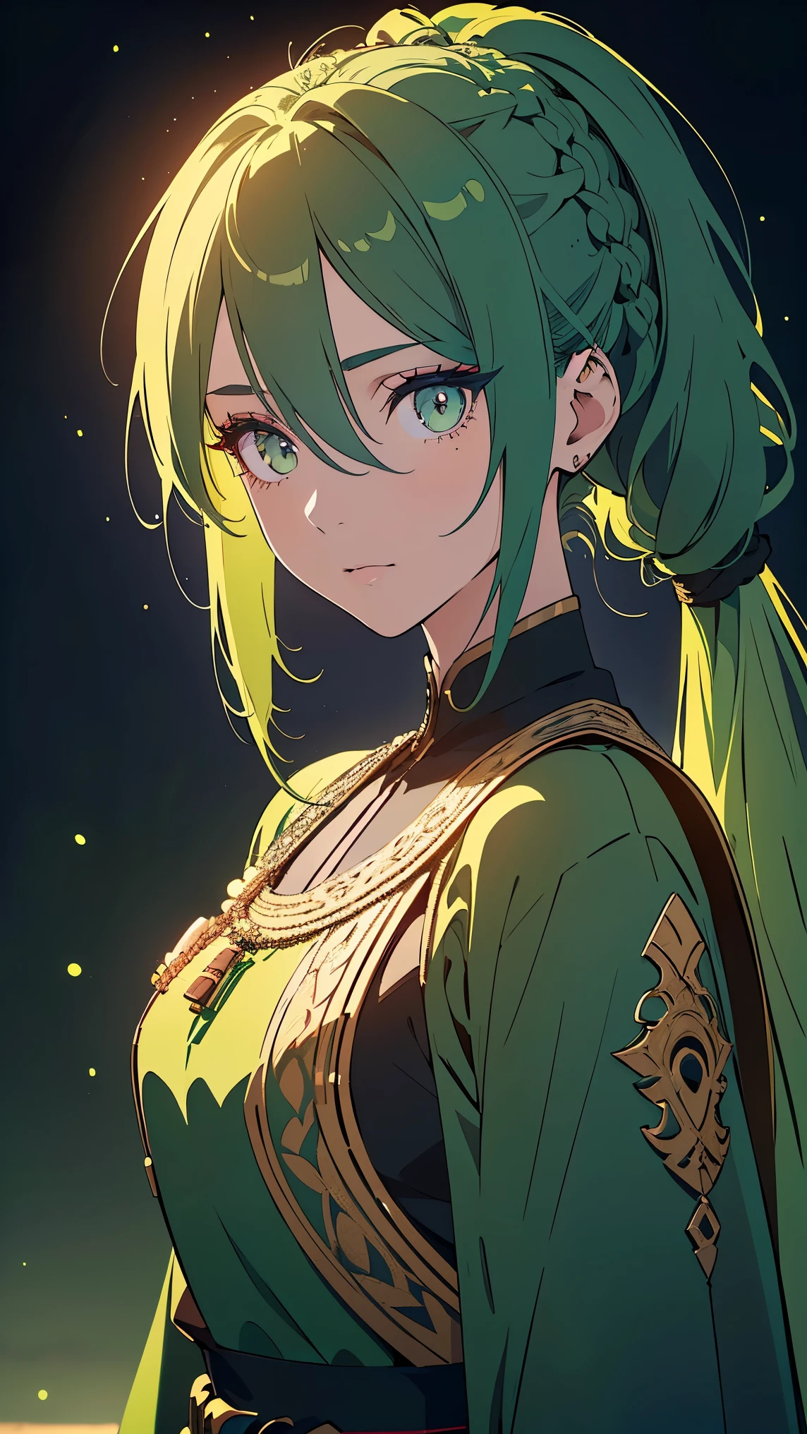 Girl1,(green long hair,Braided ponytail hairstyle, white eyes,Long eyelashes),(red eye shadow),full body, (green Arabic abaya dress, blue waist belt),(Highly detailed CG,module,8K wallpapers)،(Highest quality, high resolution, beautiful lighting, realistic shadow, high resolution)،(Detailed skin, highly detailed, detailed faces and eyes, realistic eyes) 
