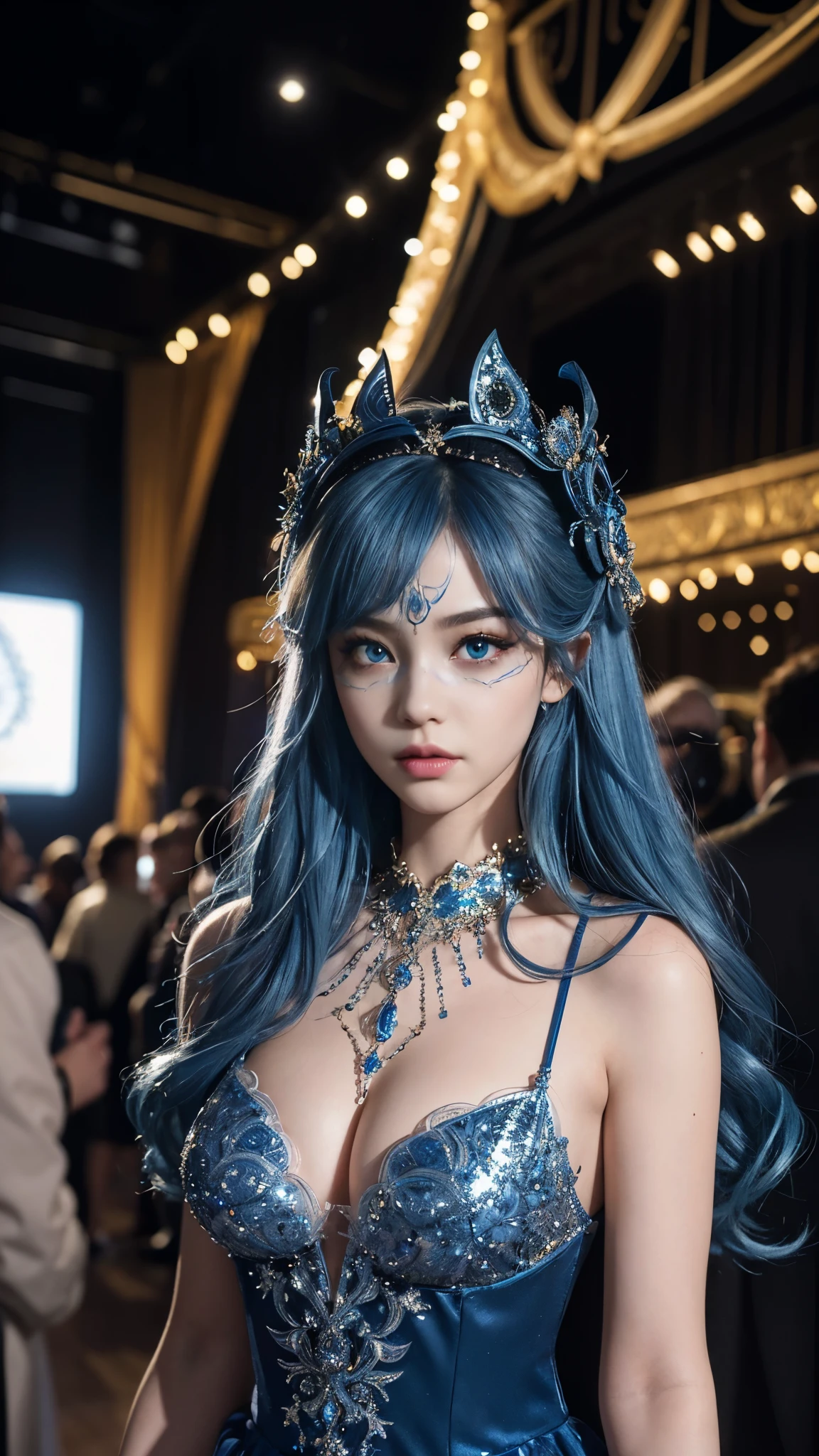 (highest quality、8k、16k、masterpiece、realistic、Super detailed、Beautiful in every detail、ray tracing)、photograph、break,（and soul）（secondary elements）1 girl、((blue hair))、hair length、((blue eyes、gradient eyes、sparkling eyes))、bright eyes、((sequin masquerade mask))、(Masquerade mask that covers from forehead to nose)、finely tuned、expressive eyes、gorgeous dress、luxury accessories、Super detailed、dim、Suspicious atmosphere、(((At the masquerade venue)))、