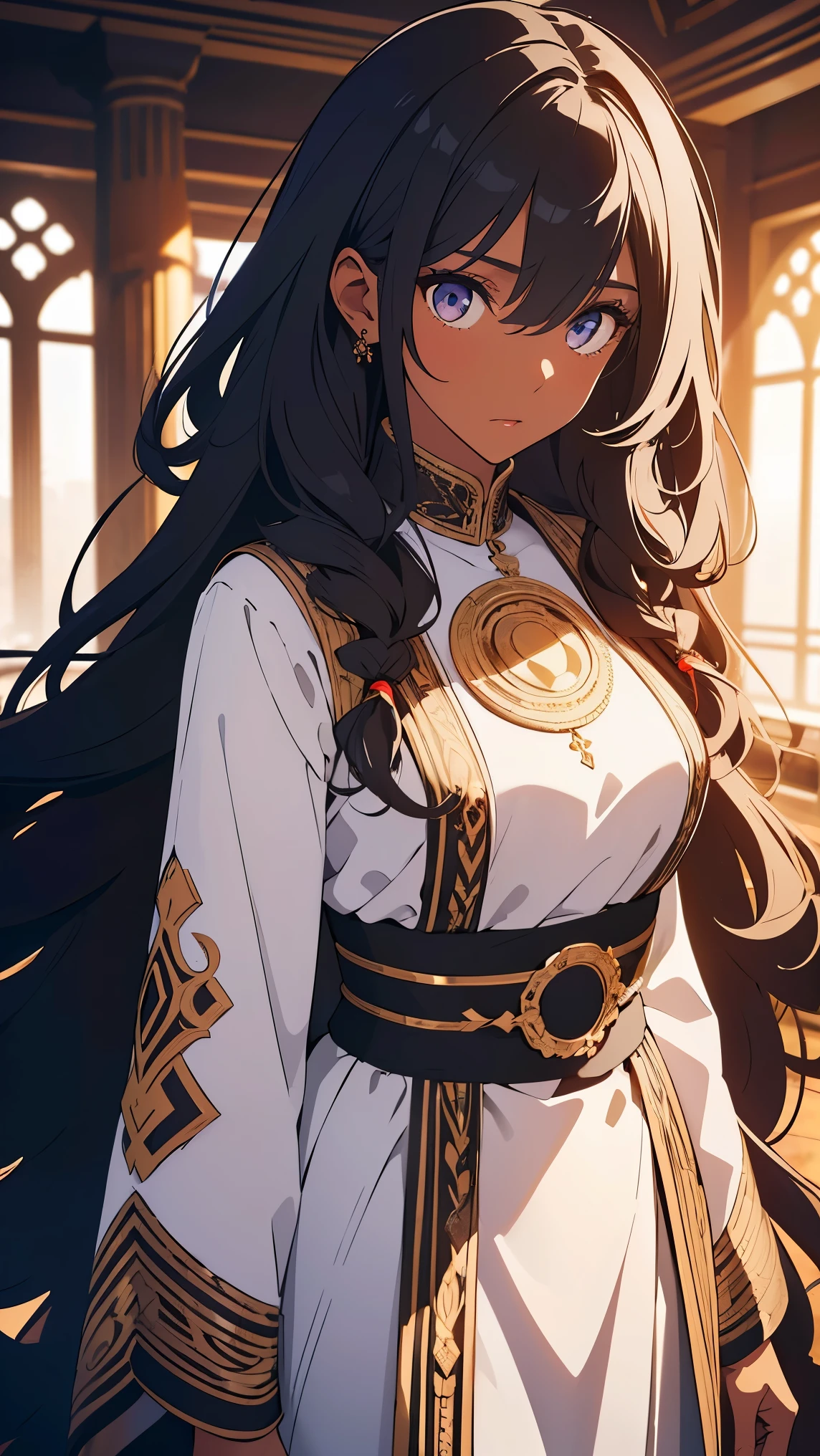 (Girl1,black skin),light brown long hair,((curly hair)),Honey-colored eyes,Long eyelashes,white eye shadow,full body, (black Arabic abaya dress,red waist belt),(Highly detailed CG,module,8K wallpapers)،(Highest quality, high resolution, beautiful lighting, realistic shadow, high resolution), (dark skin,highly detailed, detailed faces and eyes, realistic eyes)
