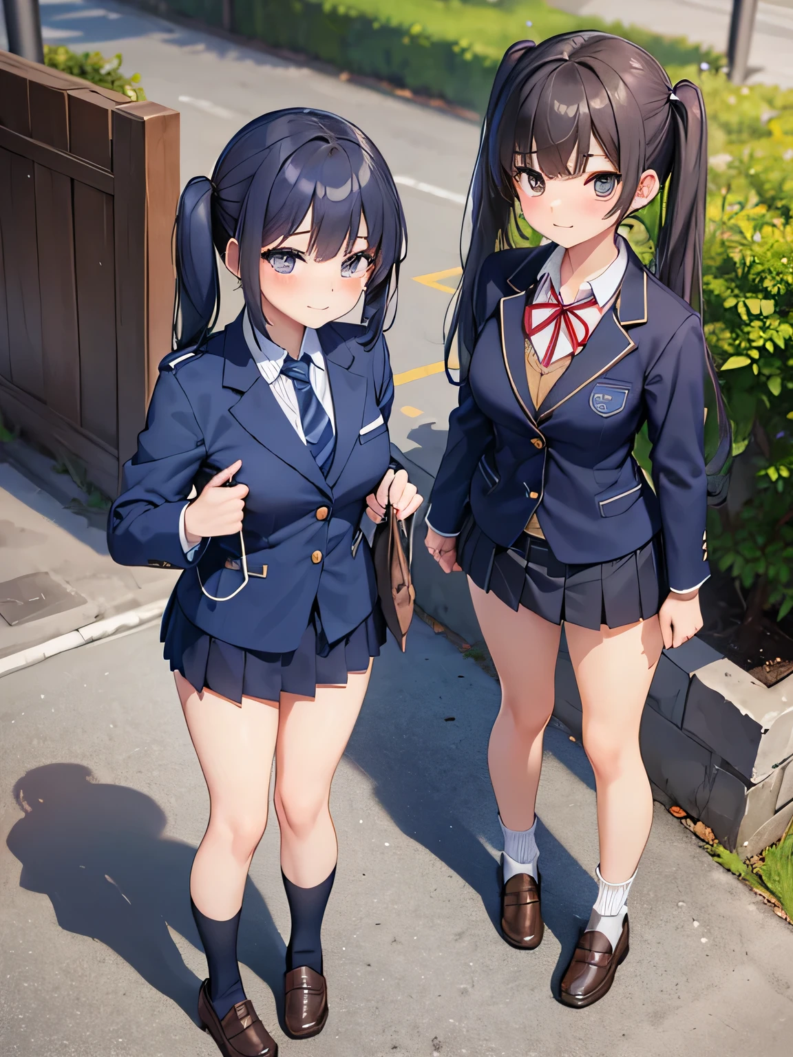 (1) There is a high school girl with beautiful legs., (She lifts up her skirt to show off her beautiful bare legs and panties:1.5),
(2) (Schoolgirl standing:1.5), I'Iは立って彼氏にパンツを見せています,
(3) A high school girl wearing a white collared shirt underneath.、(in addition, He is wearing a navy blue uniform blazer.:1.5)、The skirt is a mini version of the gray uniform skirt..、(I am wearing loose socks on my feet.:1.5), (She wears loafers:1.5)、
(4) The visible pants are simple white cotton..,
(5) The high school girl has short brown twintails.., shining eyes, A provocative grin,
(6) The location is the high school courtyard..,
(7) highest quality, High resolution, realistic pictures, realistic skin,