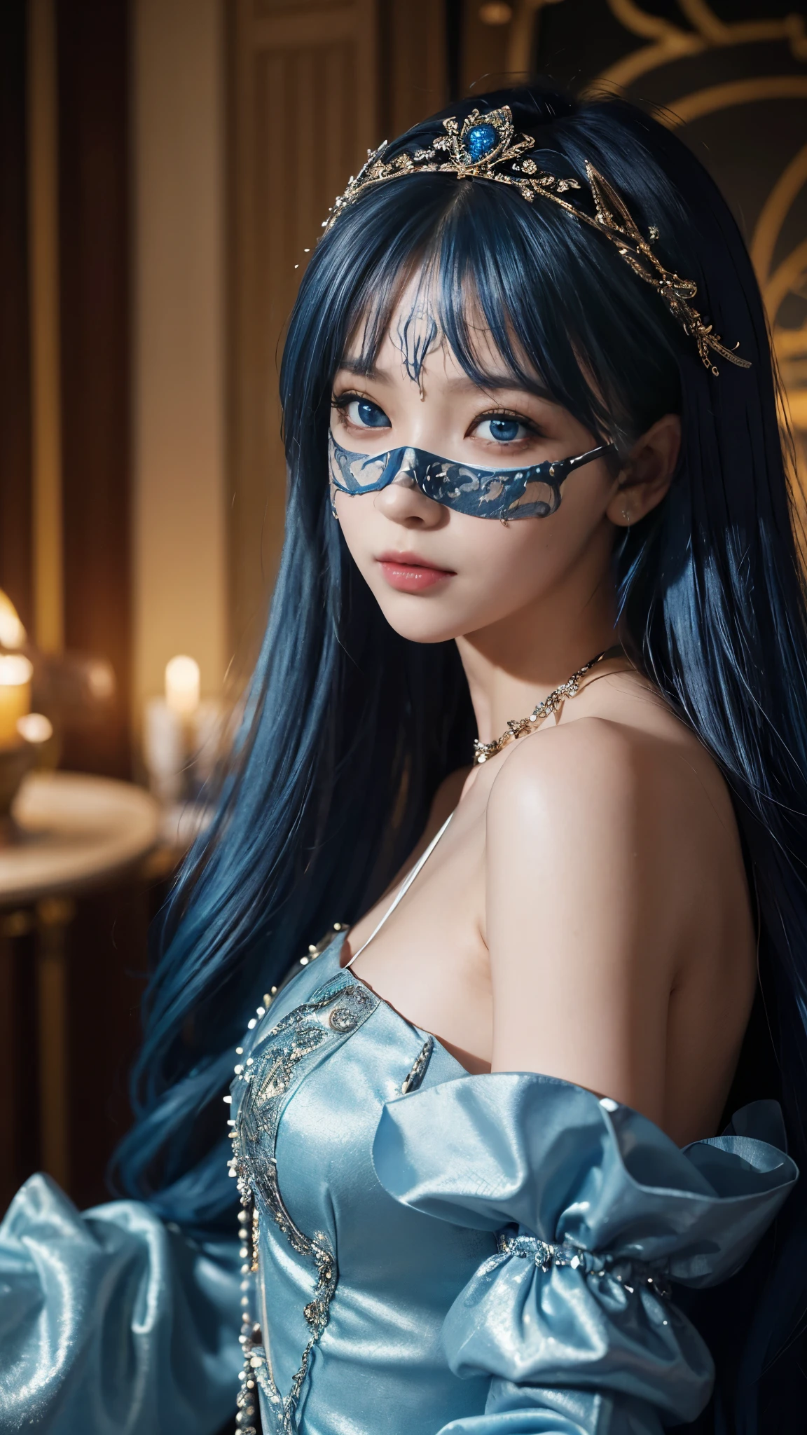 (highest quality、8k、16k、masterpiece、realistic、Super detailed、Beautiful in every detail、ray tracing)、photograph、break,(and soul)(secondary elements)1 girl、((blue hair))、hair length、((blue eyes、gradient eyes、sparkling eyes))、bright eyes、((Super luxurious masquerade mask with sequinasquerade mask that covers from forehead to nose)))、((mask))、finely tuned、expressive eyes、gorgeous maxi dress、luxury accessories、Super detailed、dim、Suspicious atmosphere、(((At the masquerade venue)))、
