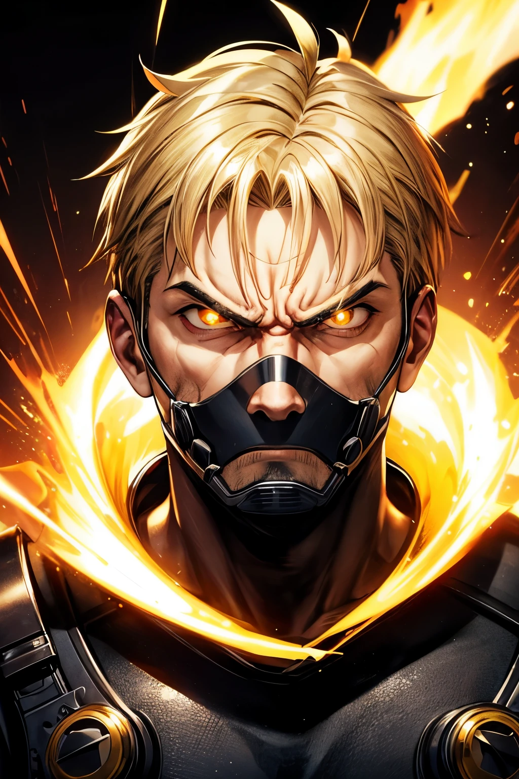 create a face of a man with an angry face and a radiation mask with golden details&#39;