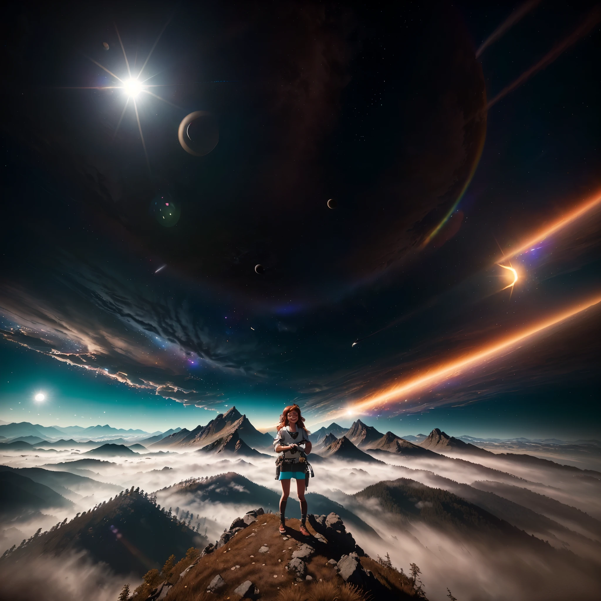 masterpiece, (gopro shot of little redhead dark eyes smiling girl), upper body, (in space,outdoors,sun flare,mountain, valley, sky, clouds), (intricate, octane render, highly detailed, 8k, hdr, uhd, high quality, professional, Unreal engine,Trending on artstation), soft lighting, by Peter Mohrbacher, with bright colors
