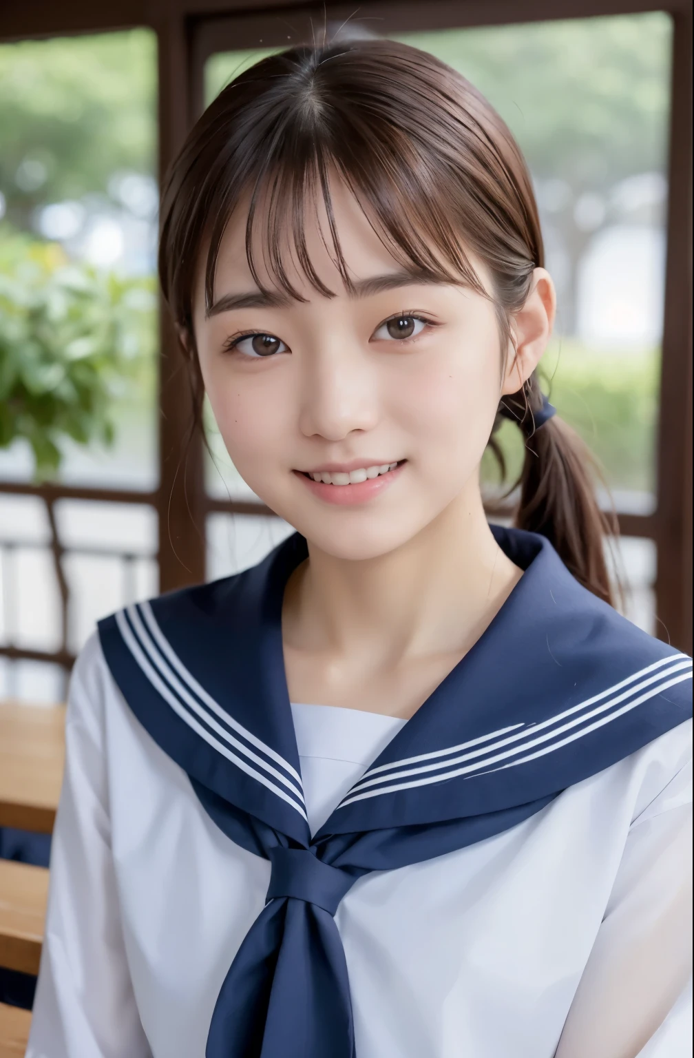 ((top quality, 8k, table top: 1.3)), beauty, 1 Japanese girl, dark brown hair, 18 years old, , smile, stand near the classroom window, dull bangs, Lower ponytail, face focus, detailed face, highly detailed lips, fine eyes, double eyelid, sweaty skin: 1.2, (((school uniform, sailor suit,)))