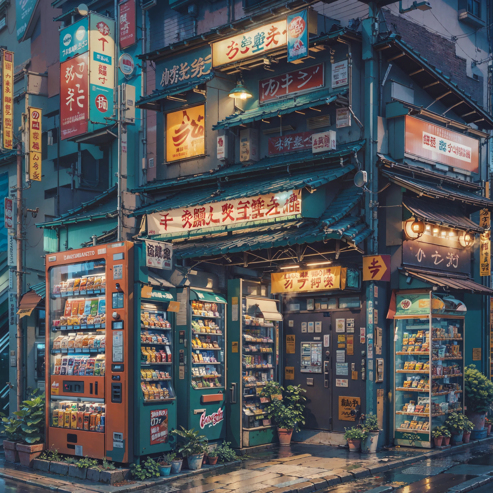 painting of a japanese street scene with vending machines and a vending machine, studio ghibli and dan mumford, by Kamagurka, detailed 4 k painting, beautiful detailed pixel art, convenience store, detailed anime artwork, tokyo anime scene, highly detailed digital painting, extra detailed, tokyo - esque town, very detailed digital painting, detailed painting 4 k, highly detailed 4 k painting