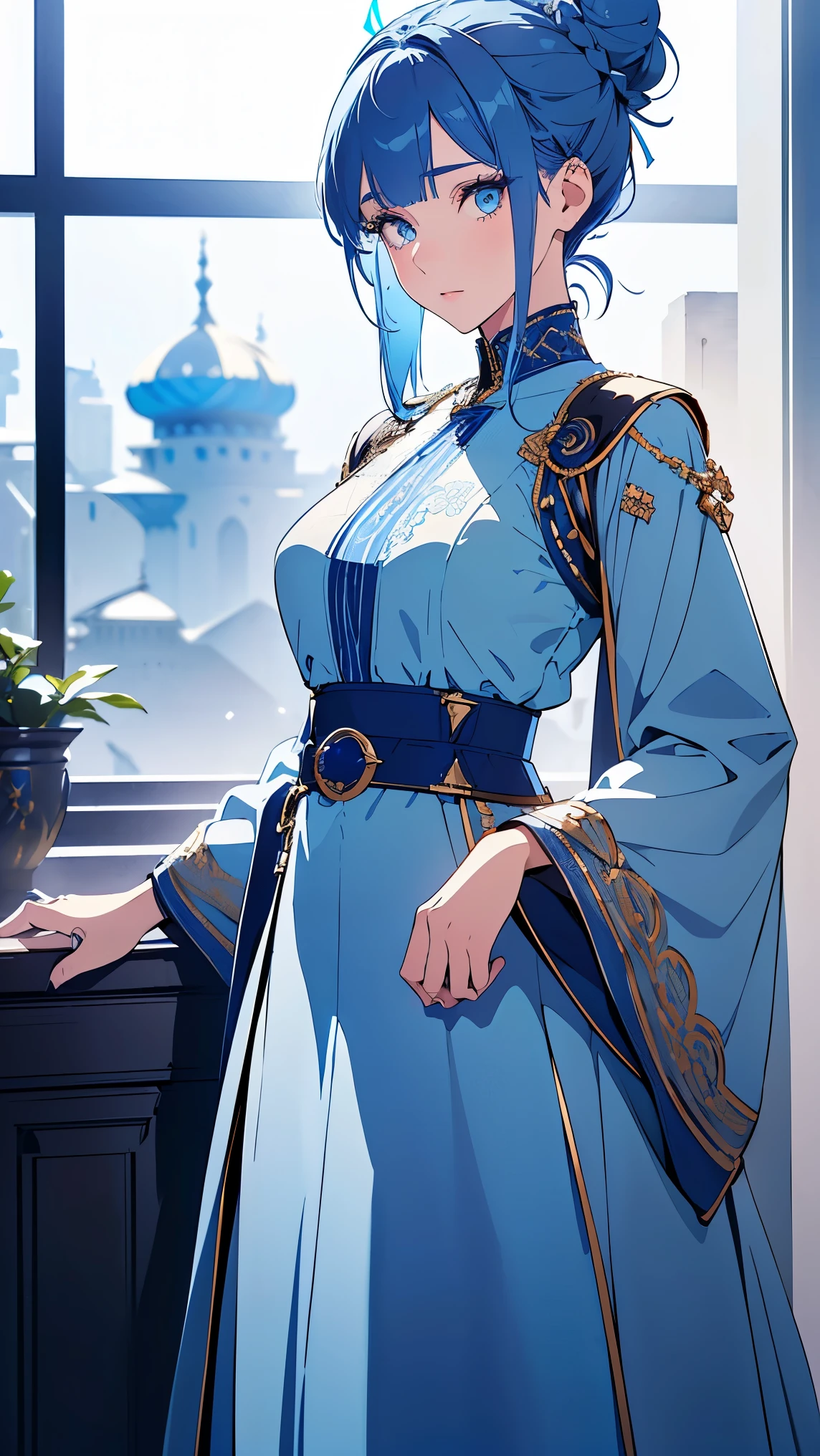 Girl1,(blue hair,two bun hairstyle,beautiful eyes),Long eyelashes,eye shadow,full body, (blue Arabic abaya dress, white waist belt),(Highly detailed CG,module,8K wallpapers،Highest quality, high resolution, beautiful lighting, realistic shadow, high resolution)،(Detailed skin, highly detailed, detailed faces and eyes, realistic eyes)