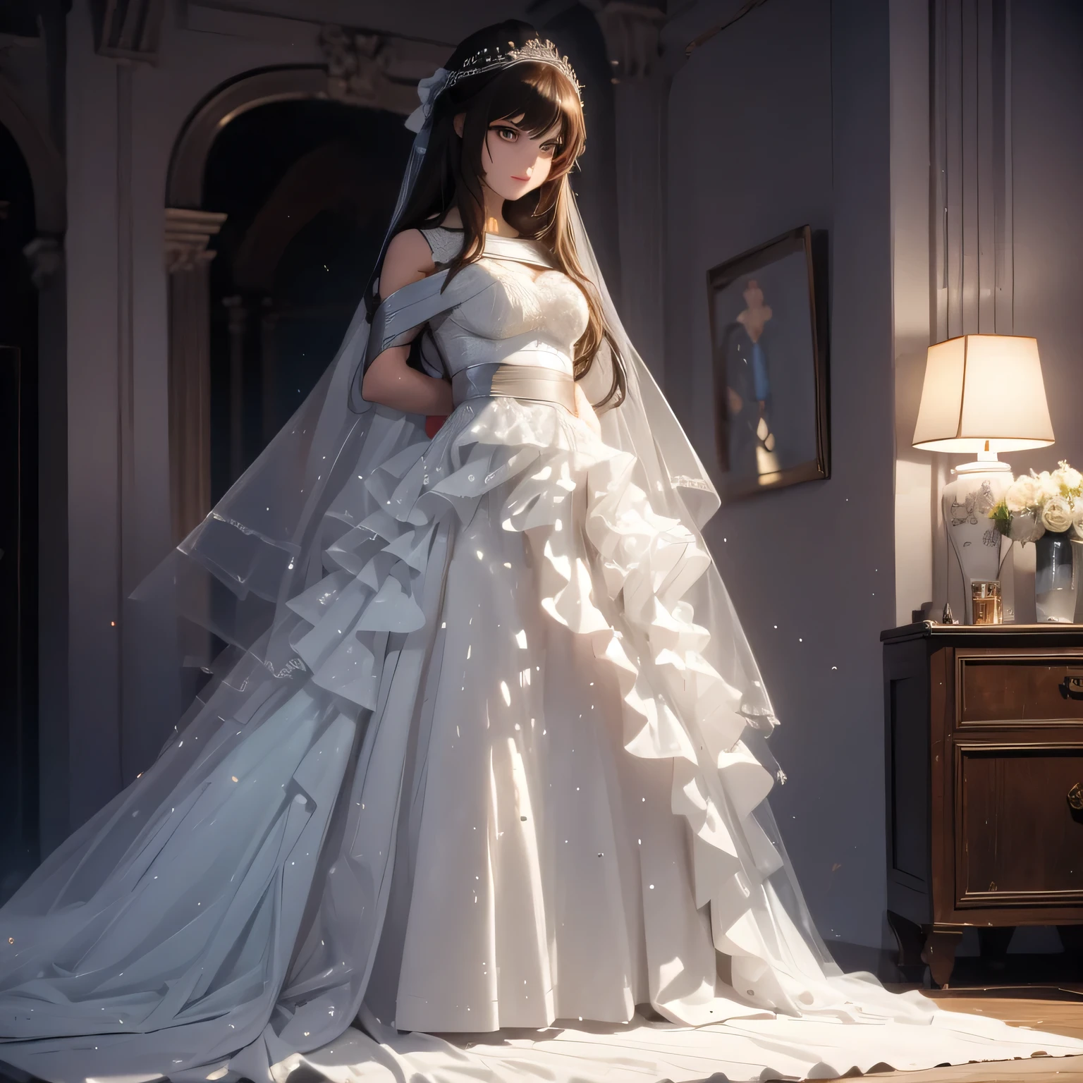 (bright lighting,romantic setting),bride captured, dreamy background,bondage,dark hair, mesmerizing gaze, , soft skin, alluring beauty, artistic portrait, high-quality image, vibrant colors, long silk gown, in the bed,tape bondage,tape gag, mosquito net, bridal