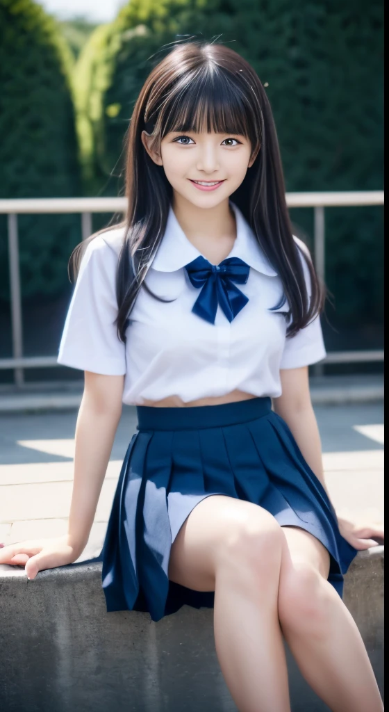 Close-up of a woman posing for a photo,  japanese model model, 16 year old female model,  4k、bangs、black haired、beaver、middle hair、straight hair、(white shirt, crew , dark blue pleated skirt:1.2),　(Super cute face with idol style:1.2)、school classroom、slim and beautiful body、beautiful breasts、laughter、full body esbian、The background is an empty park、beautiful feet、sexy pose、white socks、white sneakers、