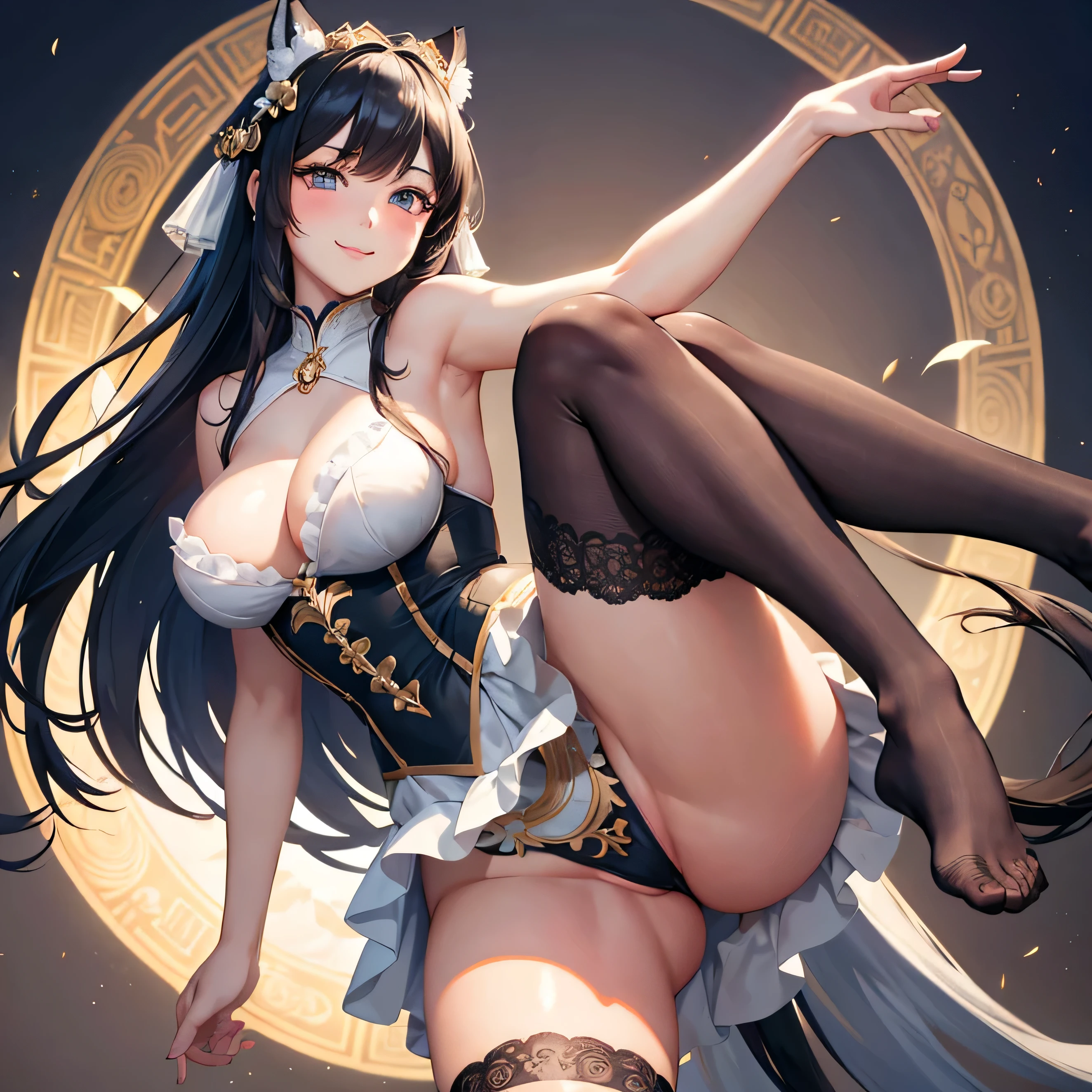 (Masterpiece), Anime Style, One beautiful girl with long, flowing black hair, Big, bright, expressive eyes that shine like moons, Rosy cheeks blushing with playful bashfulness, Maiden-like features accentuated by the delicate curves of her body, High above the ground she gracefully poses in a short, frilly dress that flutters gently in the wind, Stockings adorning her legs, Sensually biting her lower lip in a teasing smile. The background is intricately detailed at a ratio of 1.0, featuring delicate patterns and intricate details, creating an immersive 4K wallpaper experience. It's rendered with physically-based