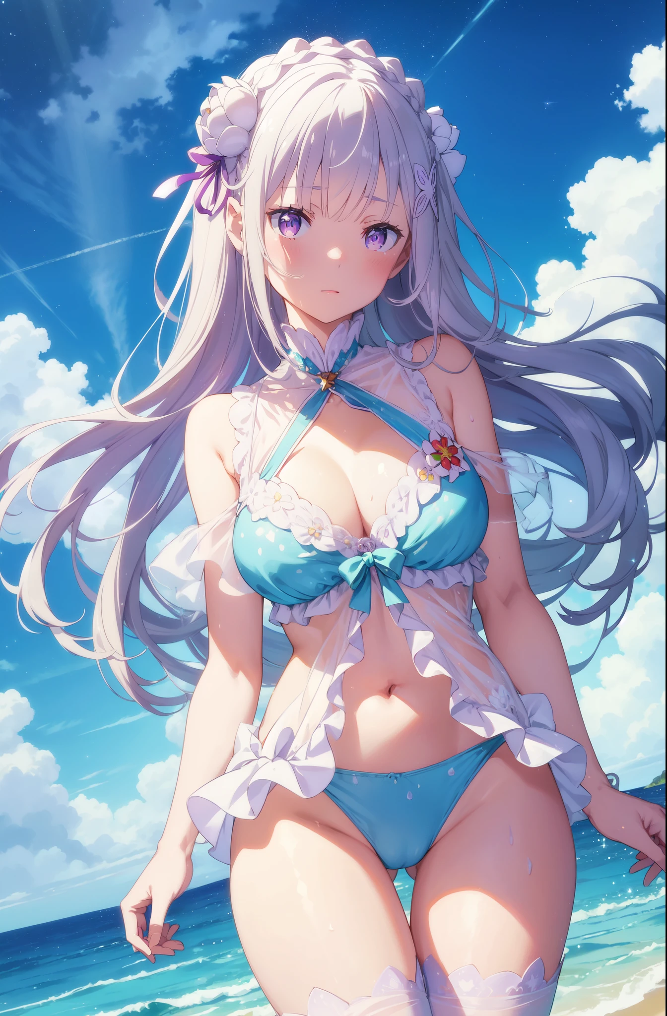（masterpiece、(highest quality)、((Super detailed))、(super delicate)、Cute naughty swimsuit idol, Emilia re:zero, purple eyes, Emilia, crown braid, x hair ornament, flower hair ornament, white hair, very long hair, medium breasts, beautiful breasts、Thighs、Gorgeous、Fantastic starry sky、beautiful sea、Wet and 