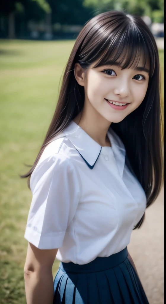 Close-up of a woman posing for a photo, japanese model model,  female model, 4k、bangs、black haired、beaver、middle hair、straight hair、(white shirt, crew , dark blue pleated skirt:1.2),　(Super cute face with idol style:1.2)、slim and beautiful body、beautiful breasts、laughter、full body esbian、The background is an empty park、beautiful feet、